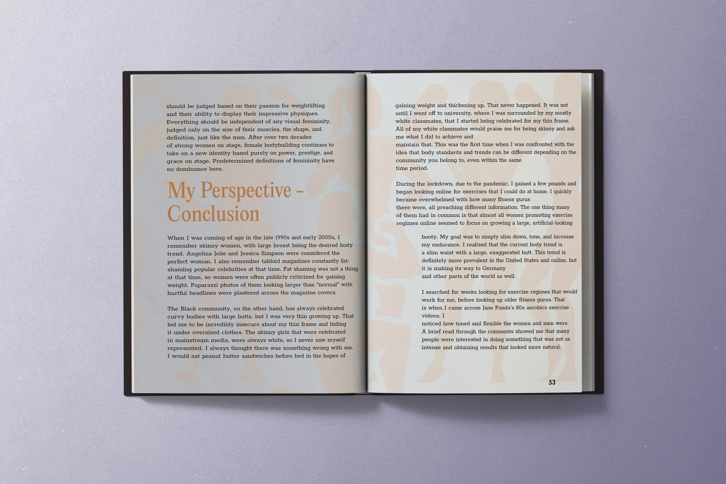 Open book with text on pages, featuring a title in large orange font that reads "My Perspective - Conclusion" on the left page, with a faint background of abstract shapes and a purple surface underneath.