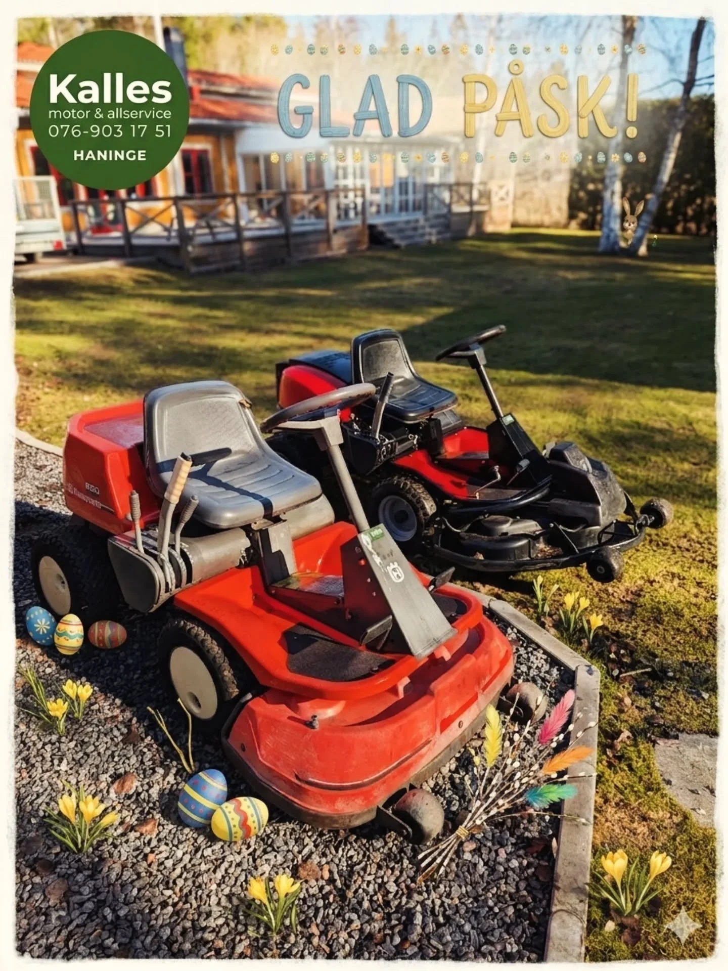 Glad p&aring;sk &ouml;nskar vi p&aring; Kalles Motor &amp; Allservice! 🐣🌷

Vi h&aring;ller &ouml;ppet och finns tillg&auml;ngliga under hela p&aring;skhelgen f&ouml;r att hj&auml;lpa dig, h&ouml;r av dig s&aring; l&ouml;ser vi det!

Njut av ledighe