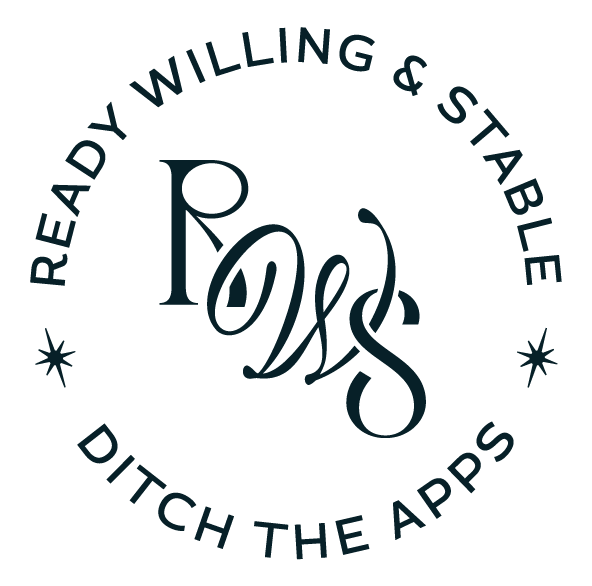Circular logo with the words 'Ready Willing & Stable' and 'Ditch the Apps' surrounding a stylized monogram 'L' and 's' in the center.