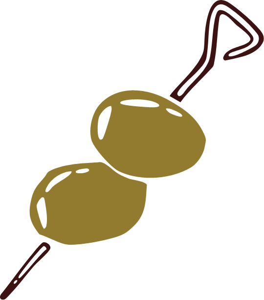 Illustration of two green olives on a skewer.