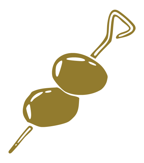 Illustration of two olives on a skewer.