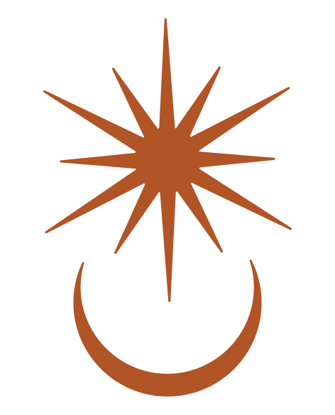 A stylized brown star with 16 points, resembling a sunburst, positioned above a brown crescent moon against a black background.