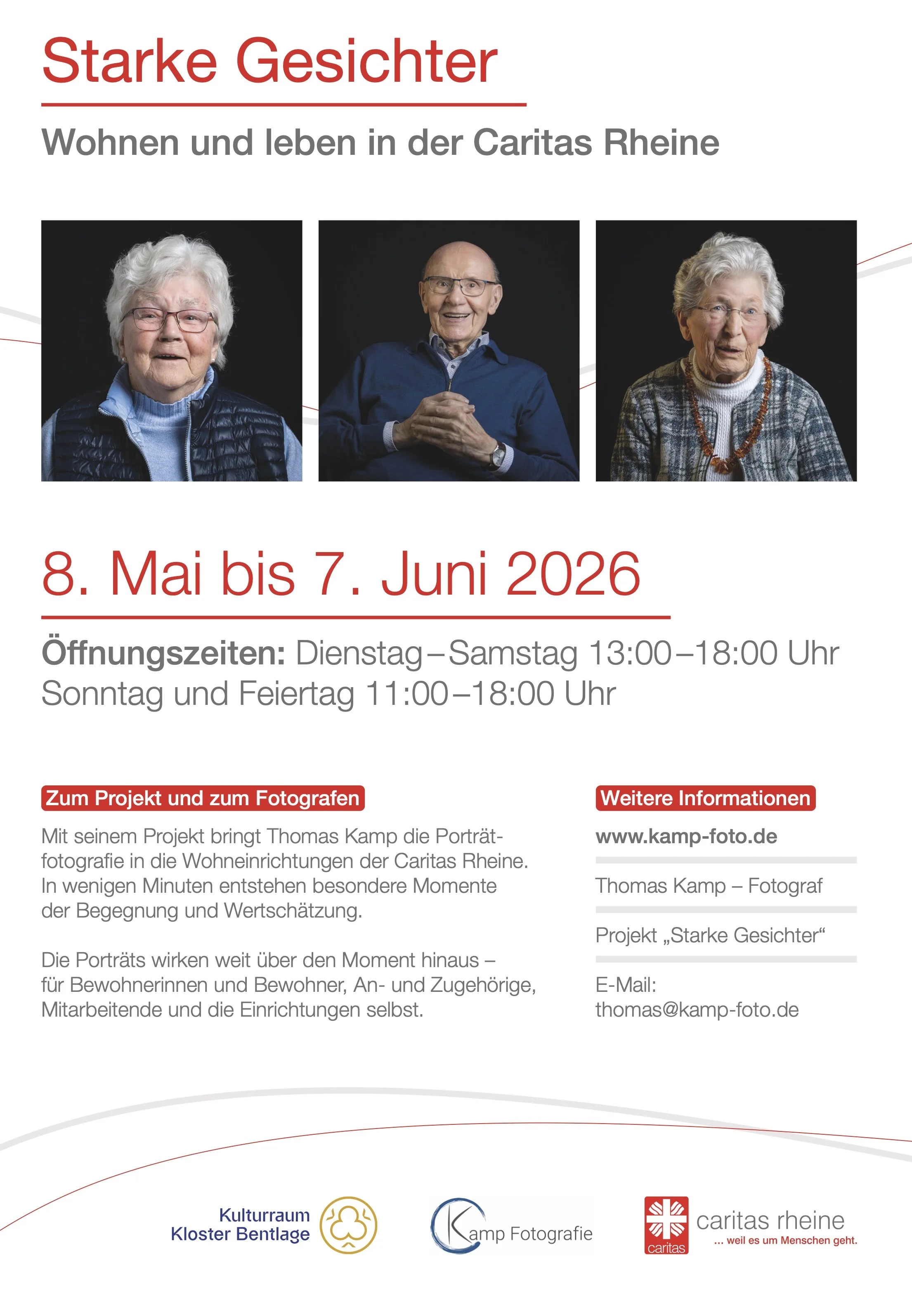 Plakat mit drei Porträts älterer Menschen, Textinformationen zu einer Fotografie-Ausstellung namens "Starke Gesichter" in der Caritas Rhein, inklusive Termininformationen und Kontaktangaben.