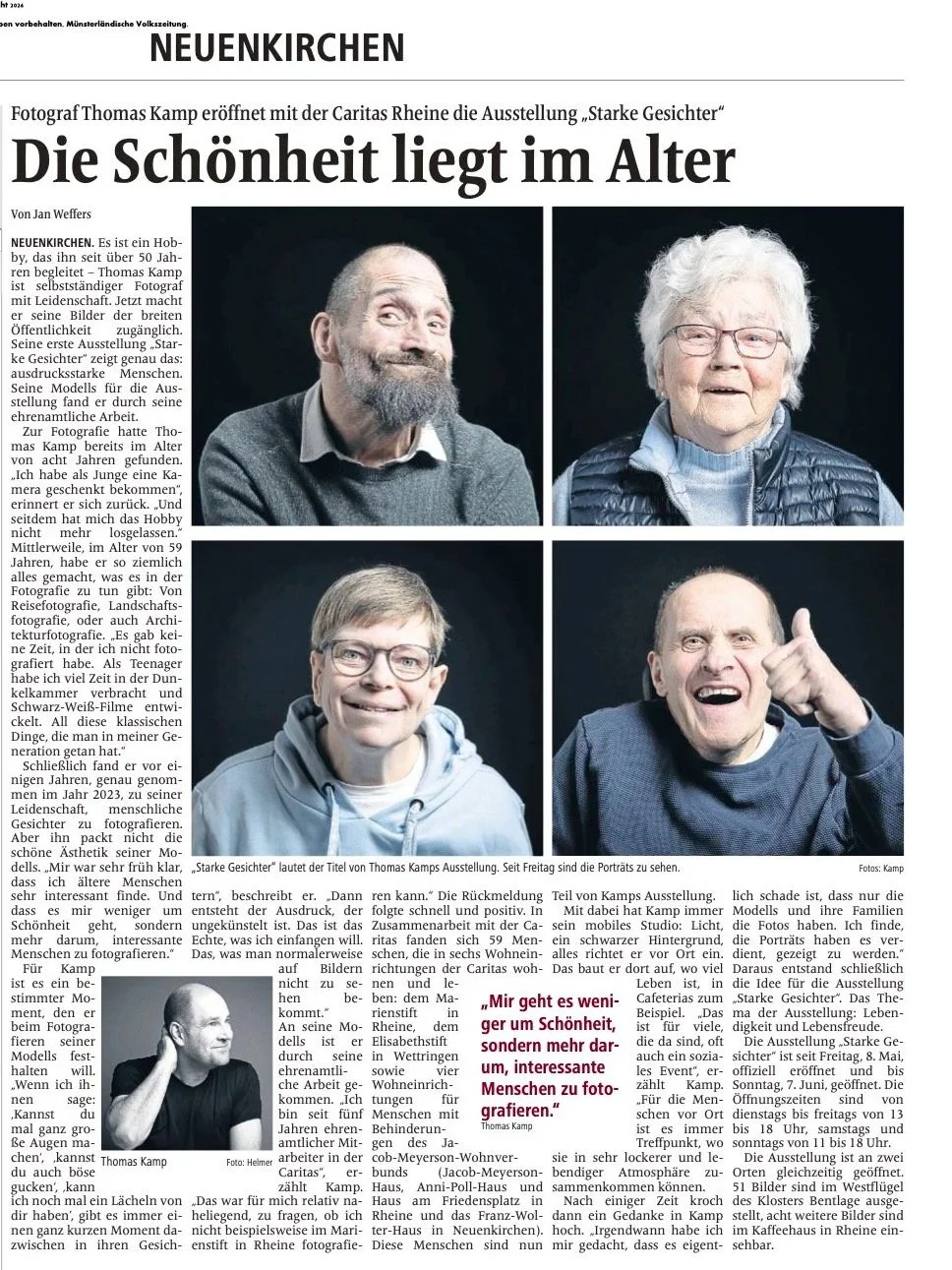 Zeitungsartikel mit Fotos von vier Menschen, darunter Thomas Kamp, für eine Ausstellung über das Alter, mit Überschrift 'Die Schönheit liegt im Alter'.