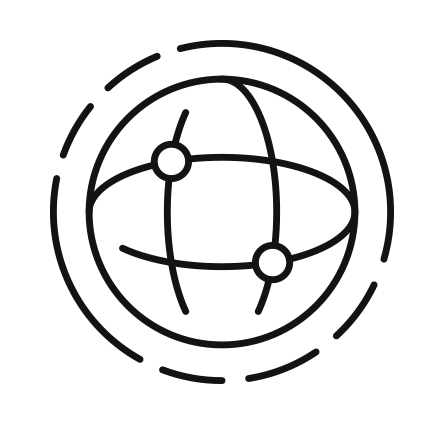A line drawing of a globe with interconnected nodes, depicting a network or global connection.