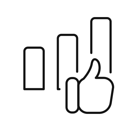 Outline of three ascending bars with a thumbs-up symbol in front.