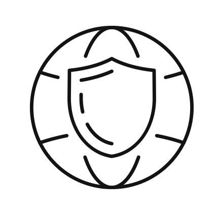 Icon of a shield inside a globe, representing cybersecurity or global protection.