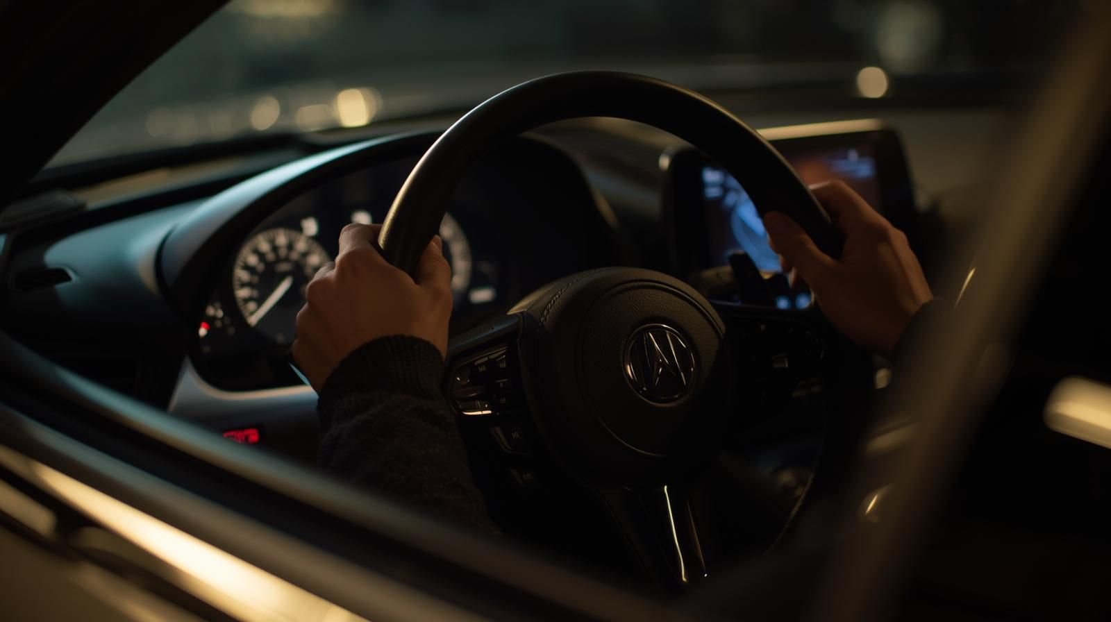 Person driving car at night, hands on steering wheel, dashboard illuminated.