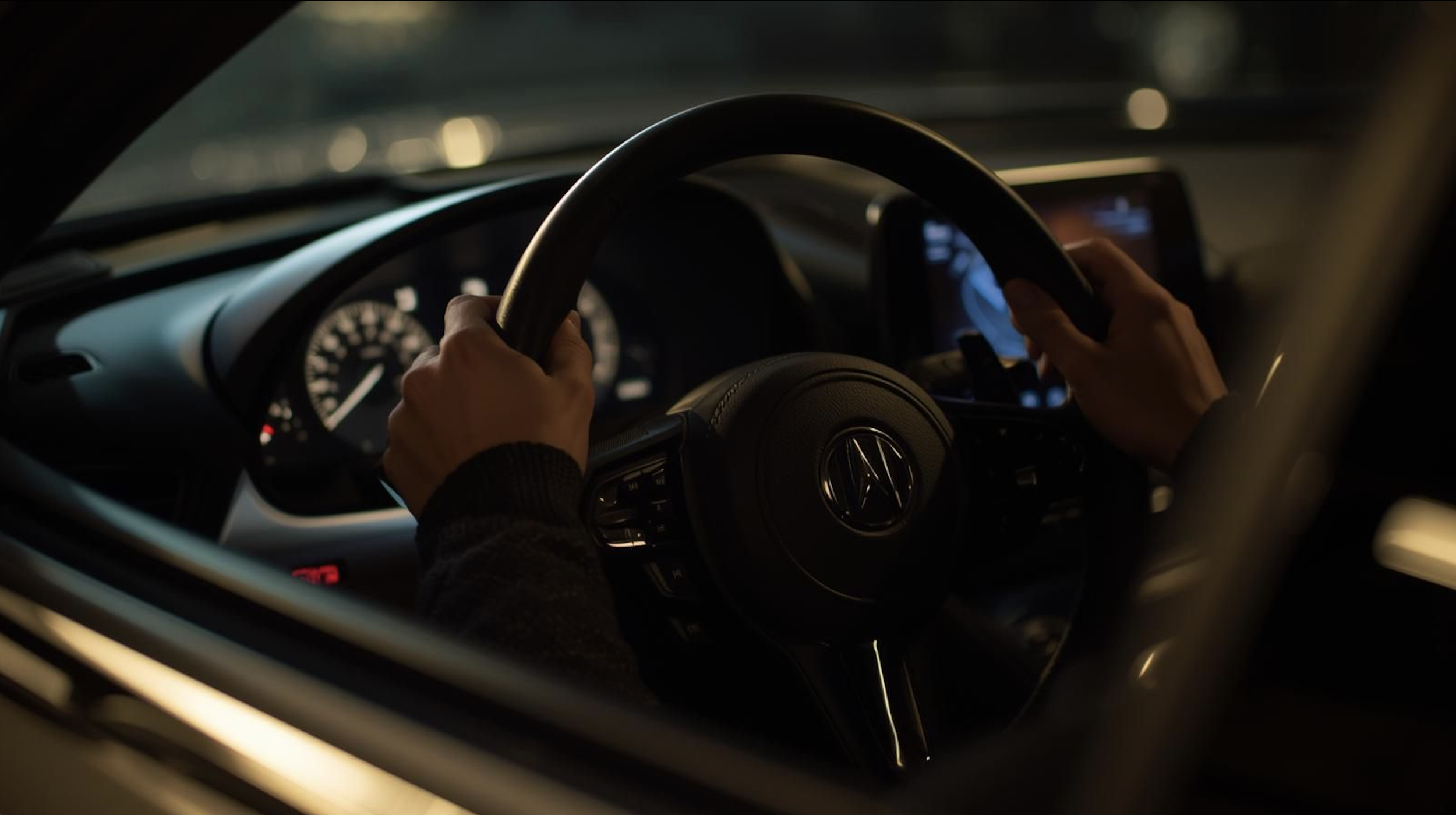 Driver holding steering wheel of a car with the dashboard and digital display visible.