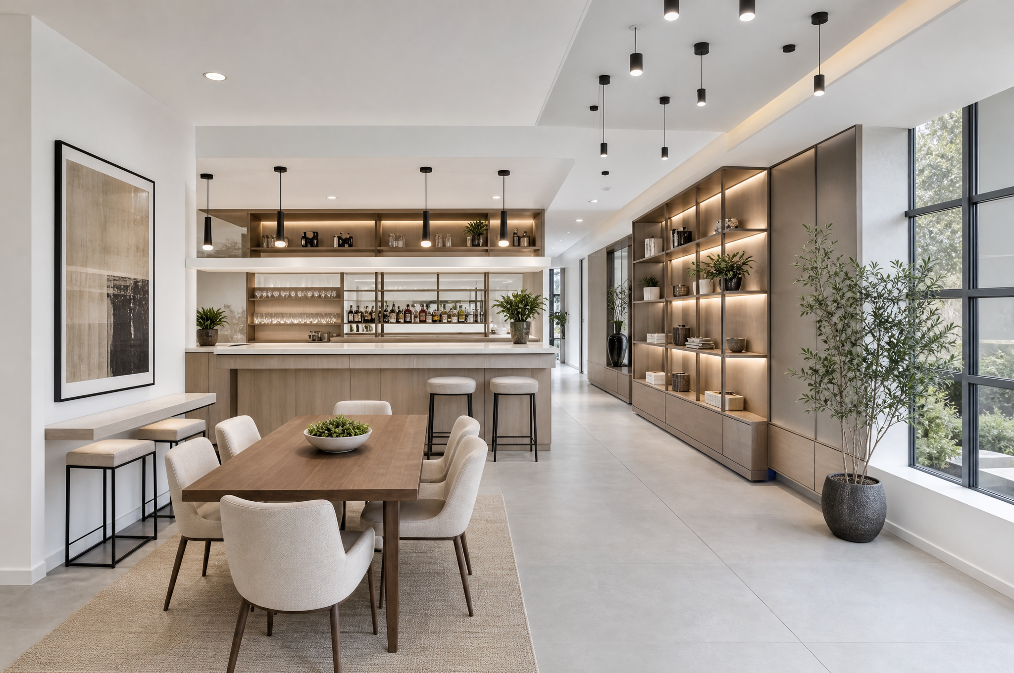 Modern dining area with six beige upholstered chairs around a wooden table with a green plant in a white bowl. On the right, a large window with black frames and greenery outside. The space features built-in wooden shelves with plants, books, and decor, and a bar area with bottles and glassware. The ceiling has black pendant lights hanging above the bar.