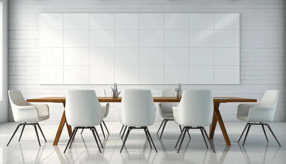 Meeting room with a long table and white chairs