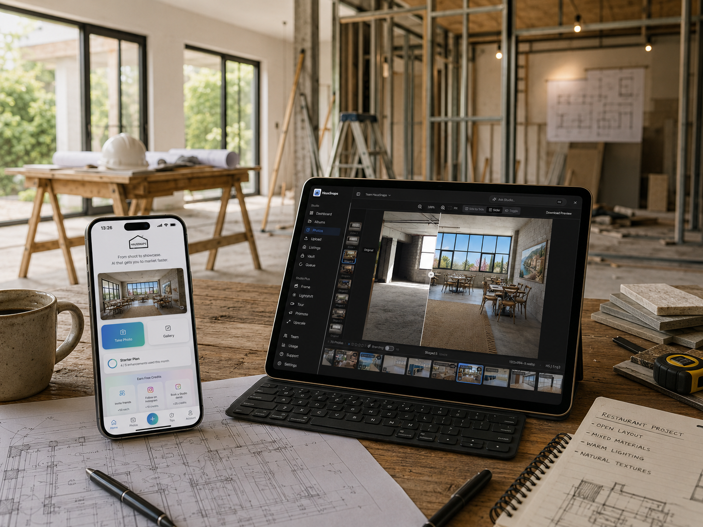 A construction site with a large windowed room being designed on a tablet and phone, showing interior renderings. The workspace includes architectural plans, a cup, and construction tools, with framing and partially built walls in the background.