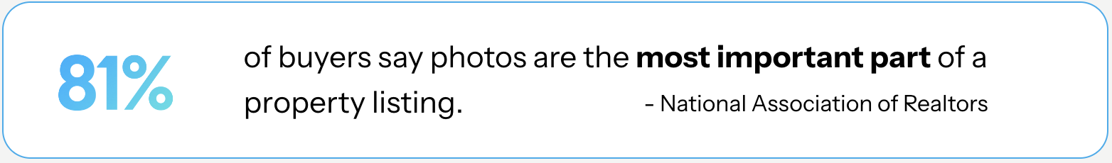 Statistic showing 81% in blue text, with a quote about the importance of photos in property listings from the National Association of Realtors.