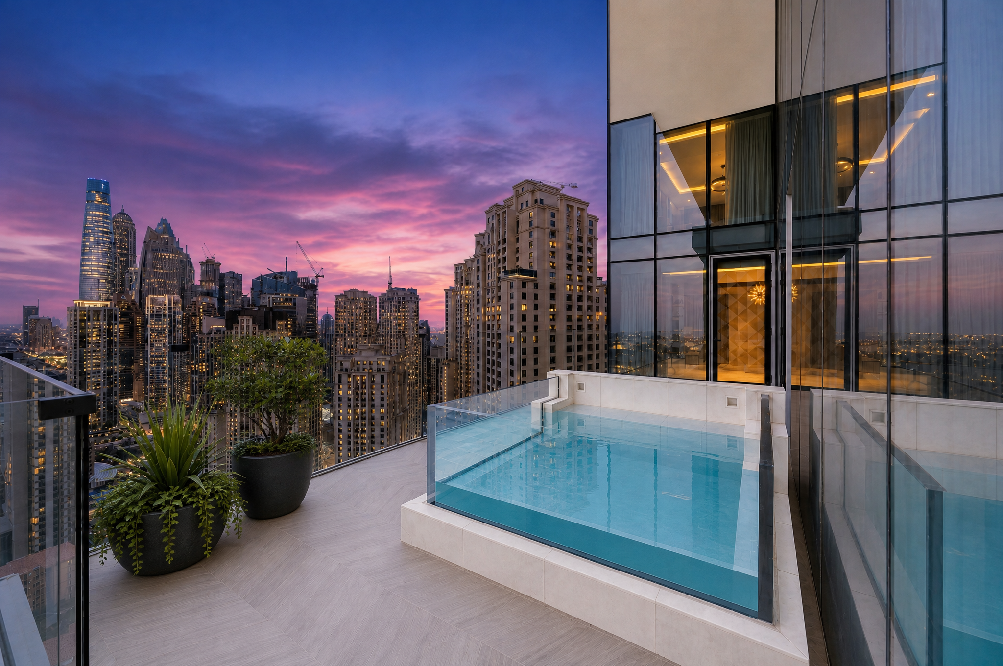 Terrace with small pool and potted plants overlooking a city skyline at sunset, modern building with glass windows