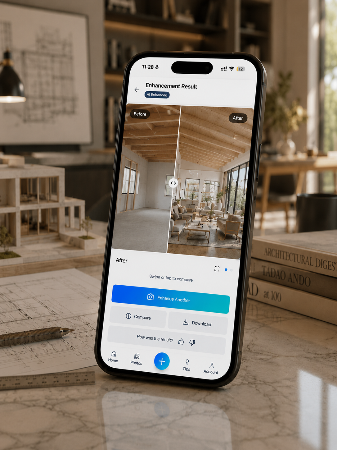 Smartphone displaying a photo editing app with 'Before' and 'After' images of a room renovation, showing a move from a plain, unfinished space to a decorated, furnished living area.