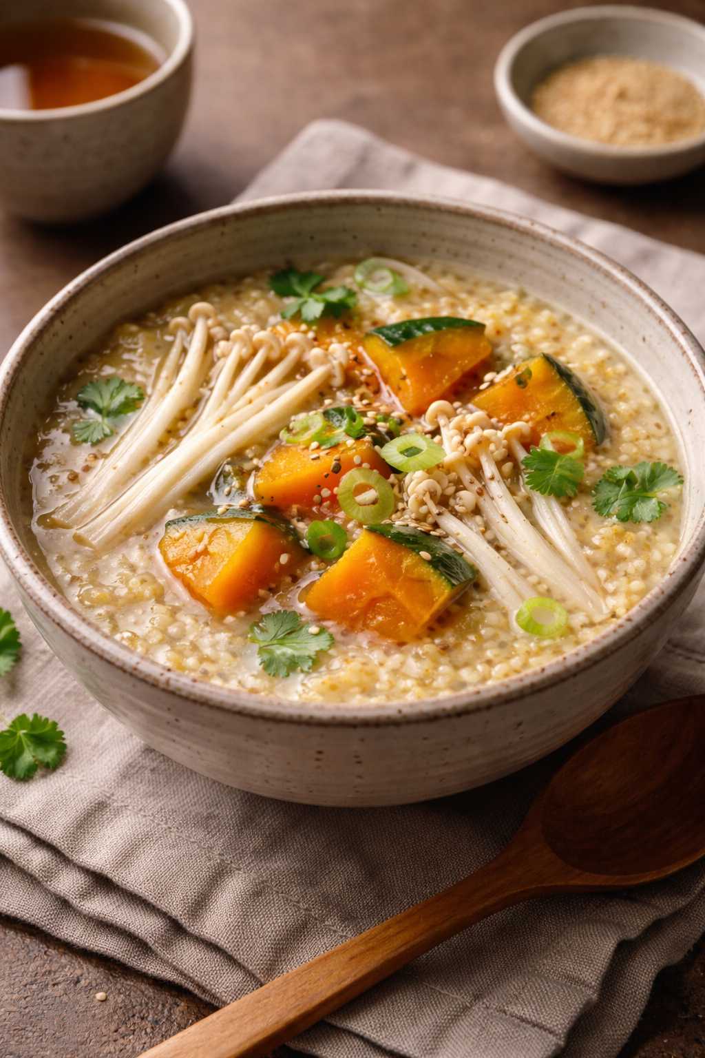 Millet Congee with Enoki Mushrooms and Kabocha