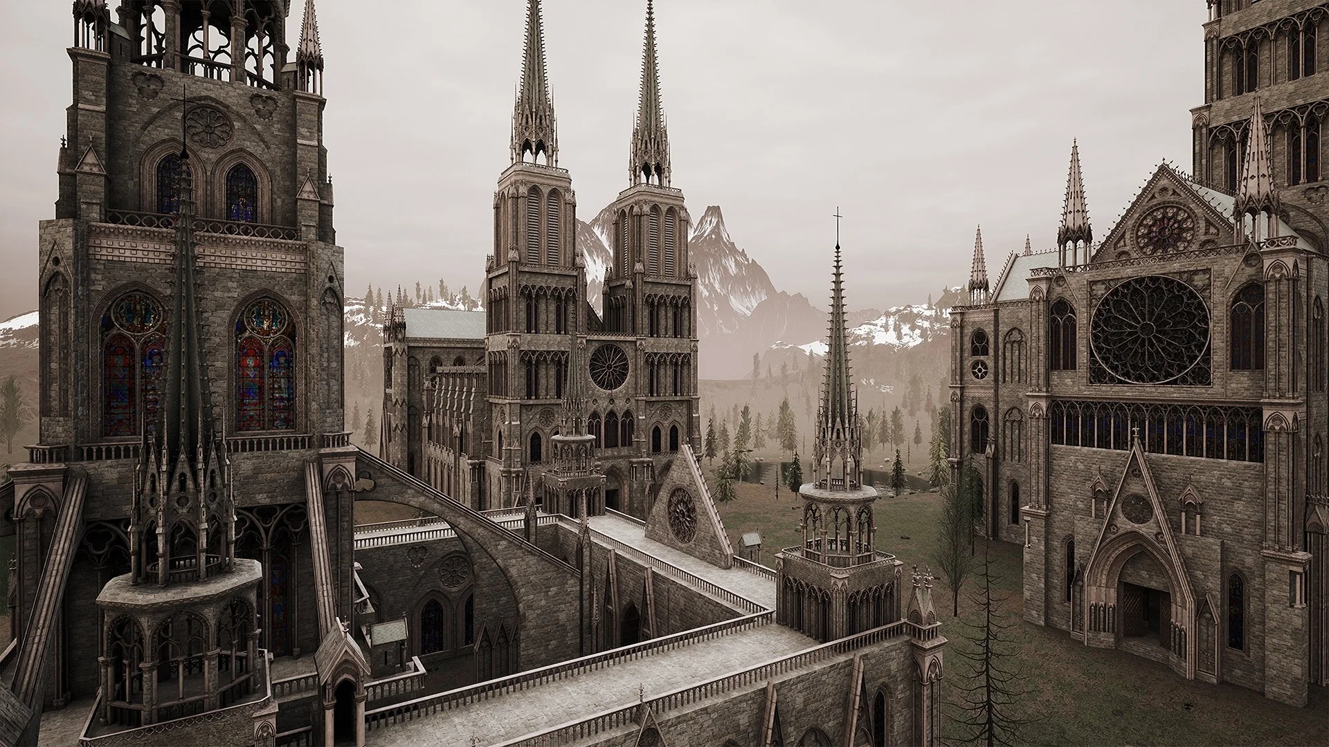 A large gothic cathedral complex with multiple spires, stained glass windows, and intricate stone architecture, set against a mountainous landscape with snow-capped peaks.