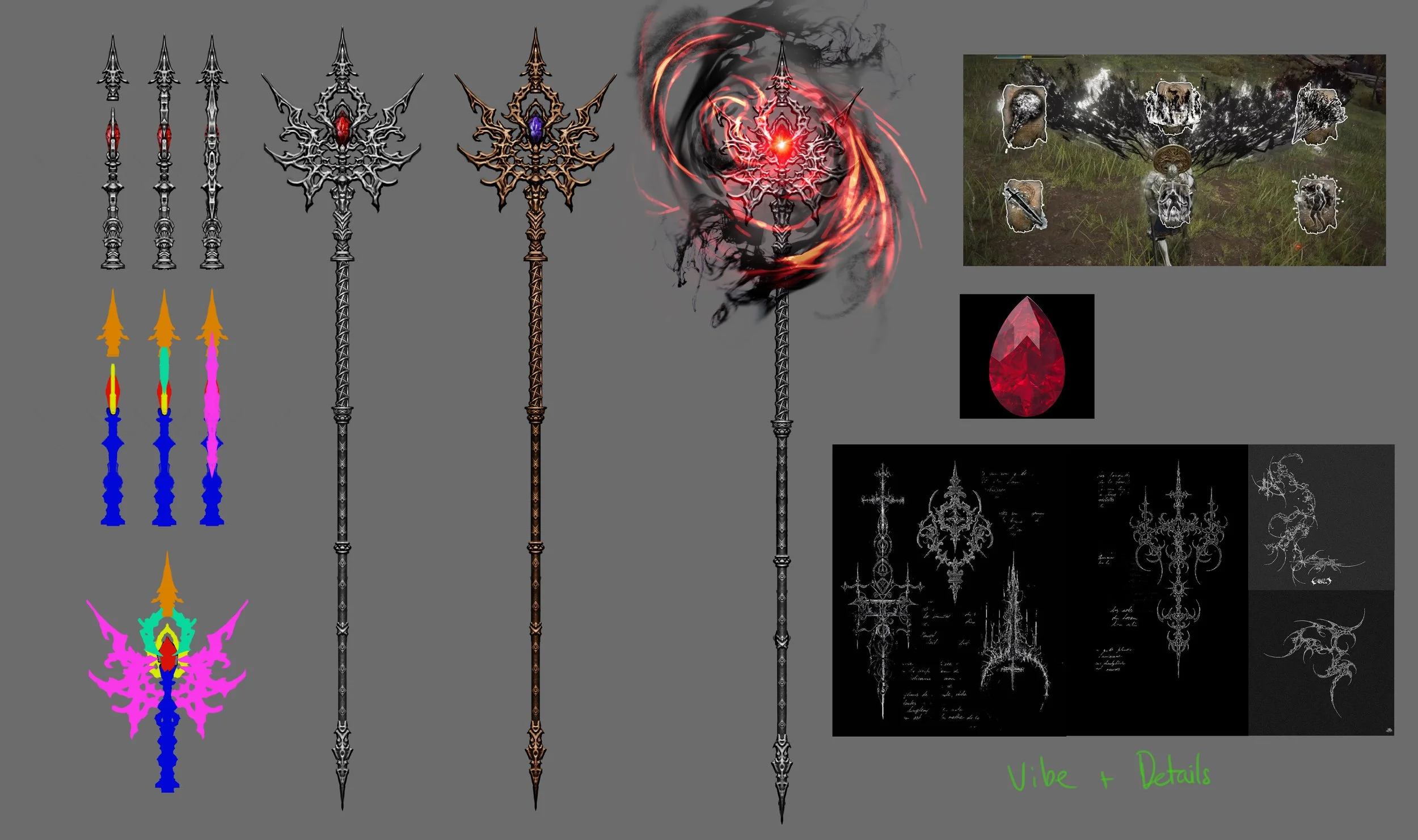 Four fantasy-style magical staff designs with varying colors and details, a swirling red and black magic effect with a red gemstone, a scene with potion bottles and a skull, and blueprint sketches of staffs with handwritten notes. The phrase "Vibe + 