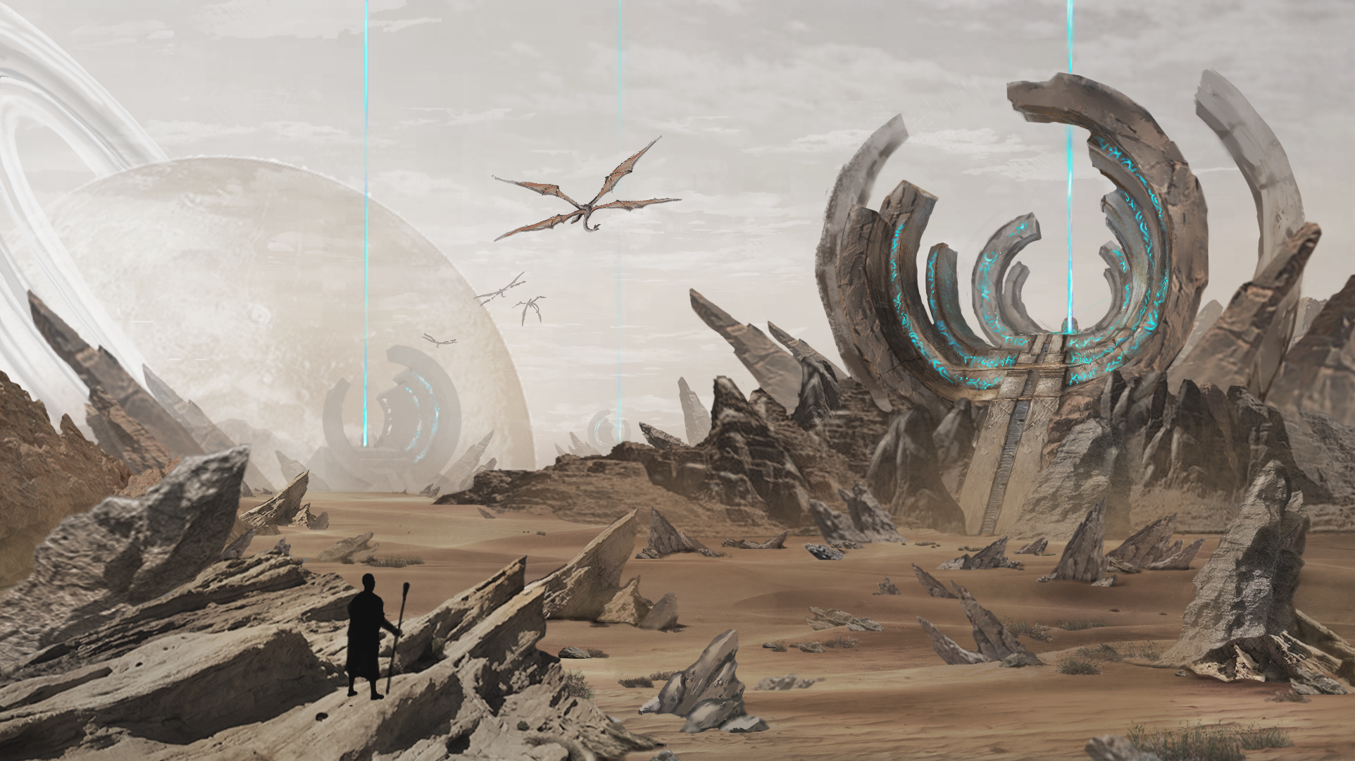 A desert landscape with large, ancient-looking stone structures with glowing blue runes. Flying creatures resembling pterodactyls go through a cloudy sky, and a person holding a staff faces the scene from the foreground.