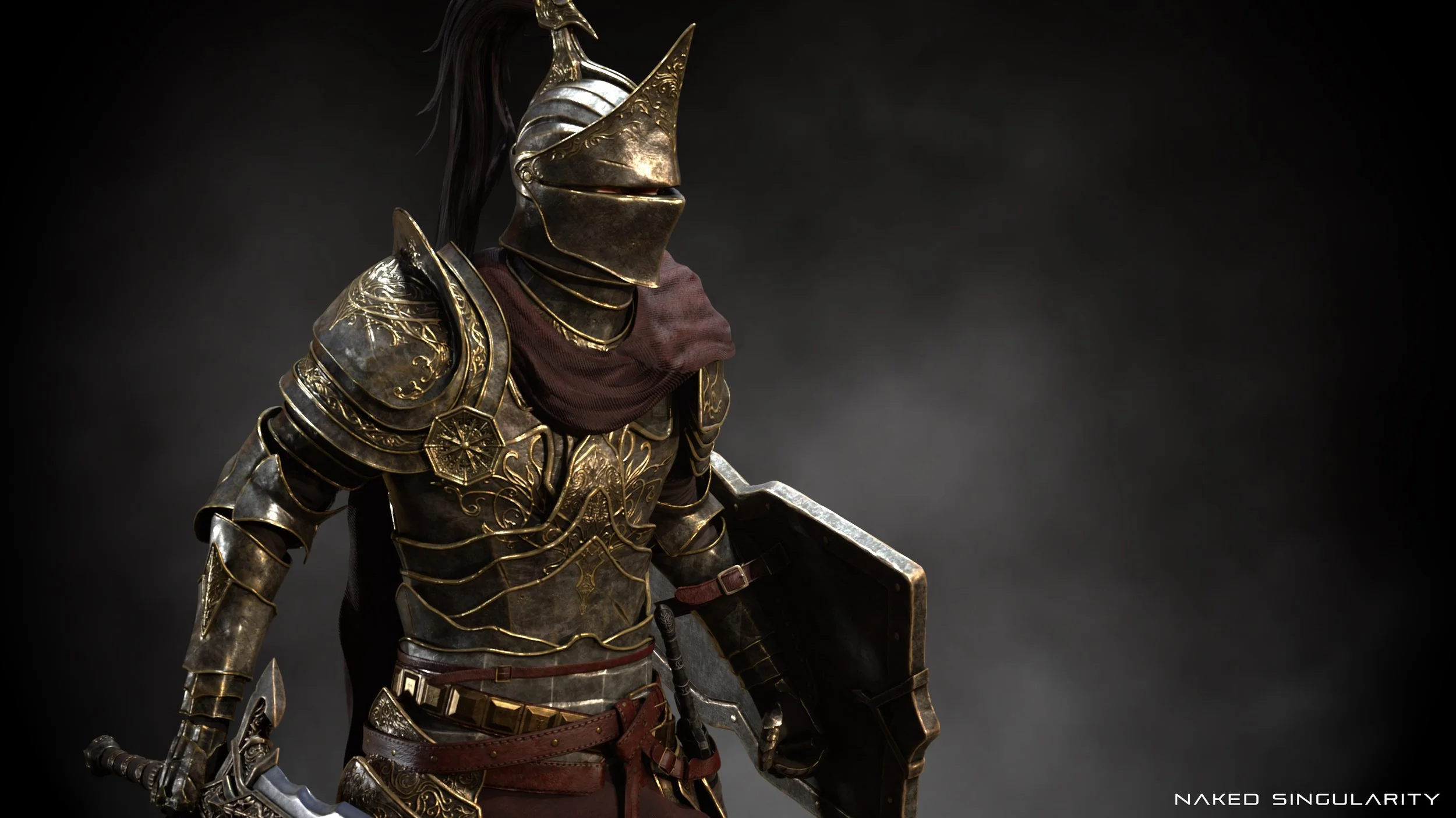 A fantasy armored warrior in detailed gold and dark armor holding a sword and shield against a dark background.
