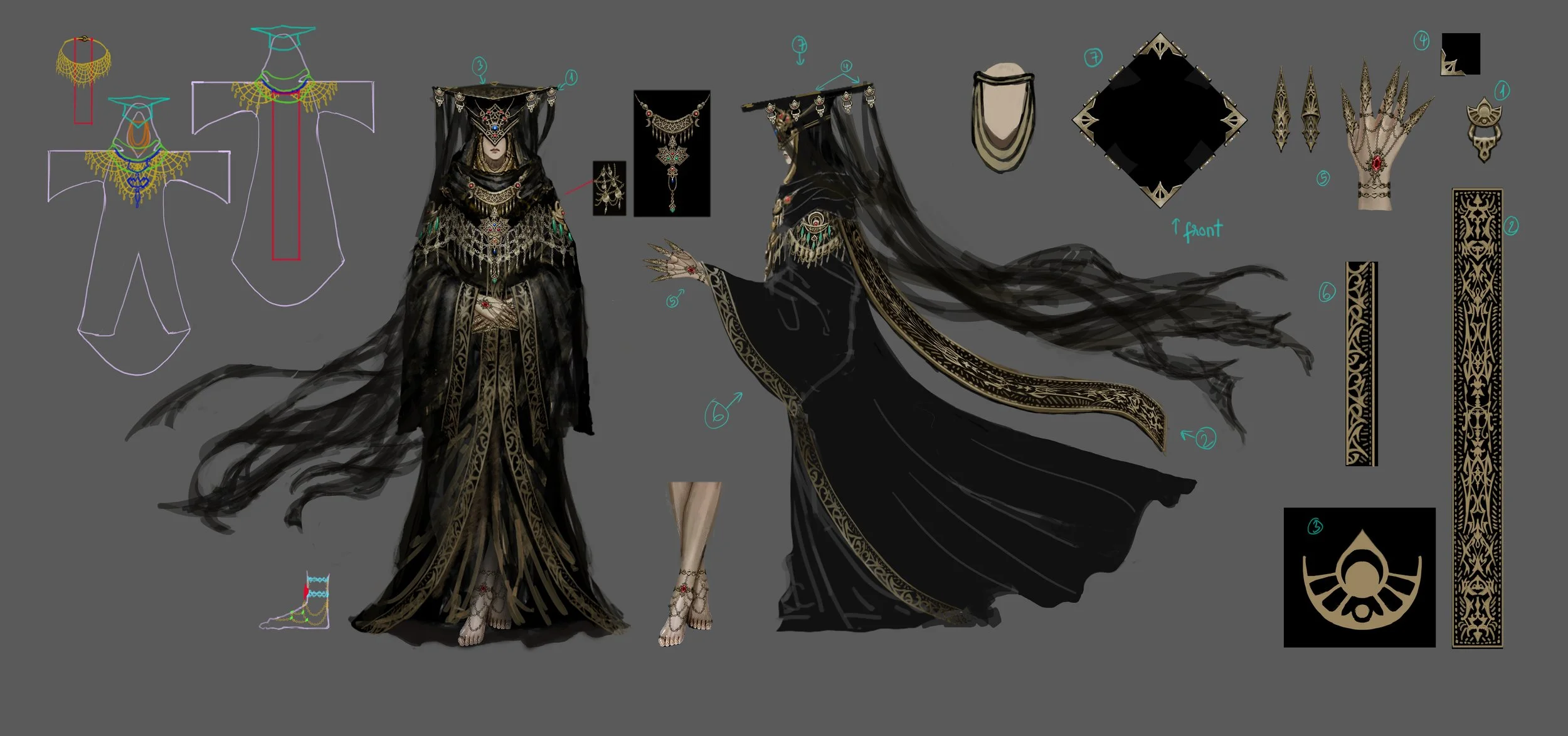 Design sketch of an elegant, dark-colored goddess-like character adorned with intricate gold jewelry, a black flowing dress, and ornate accessories, with various detailed component diagrams and fabric patterns around her.