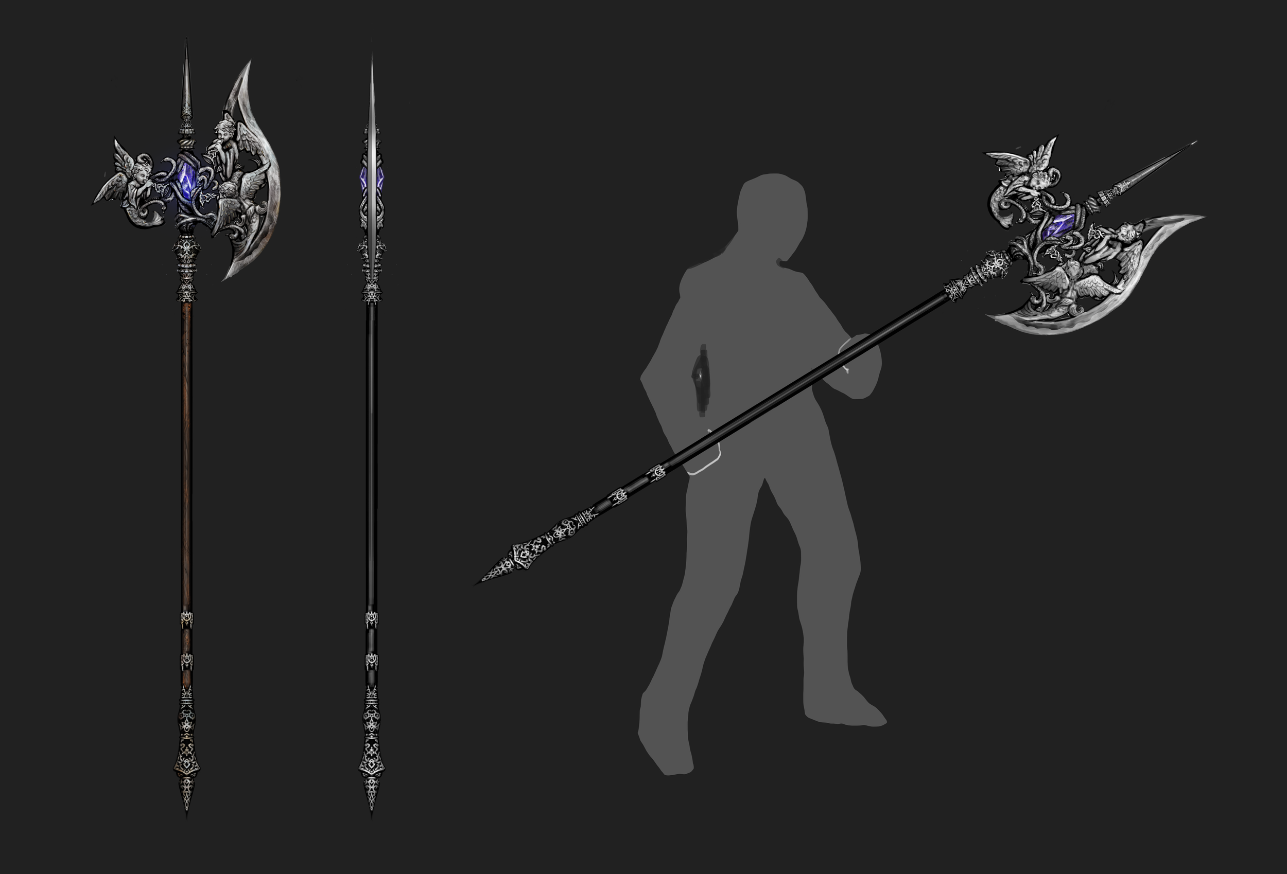 Digital rendering of an ornate, fantasy-style spear with intricate dragon and mythical creature designs, shown in three different angles against a dark background, with a silhouette of a person holding the spear.
