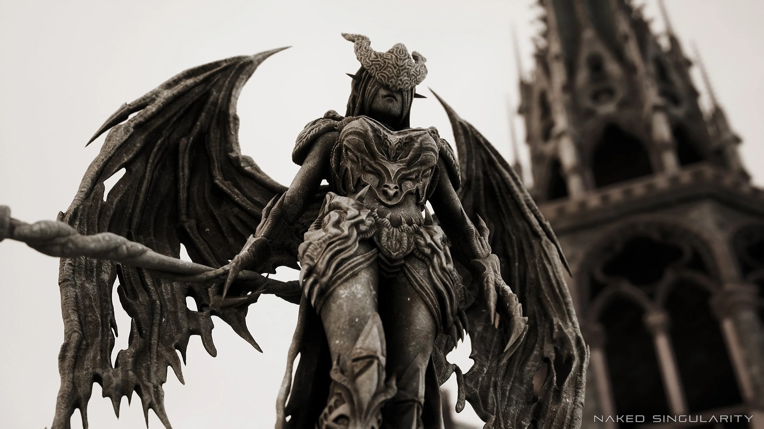 A dark, detailed statue of a winged, armored humanoid creature with a dragon-like face, holding a spear in front of a Gothic-style tower.