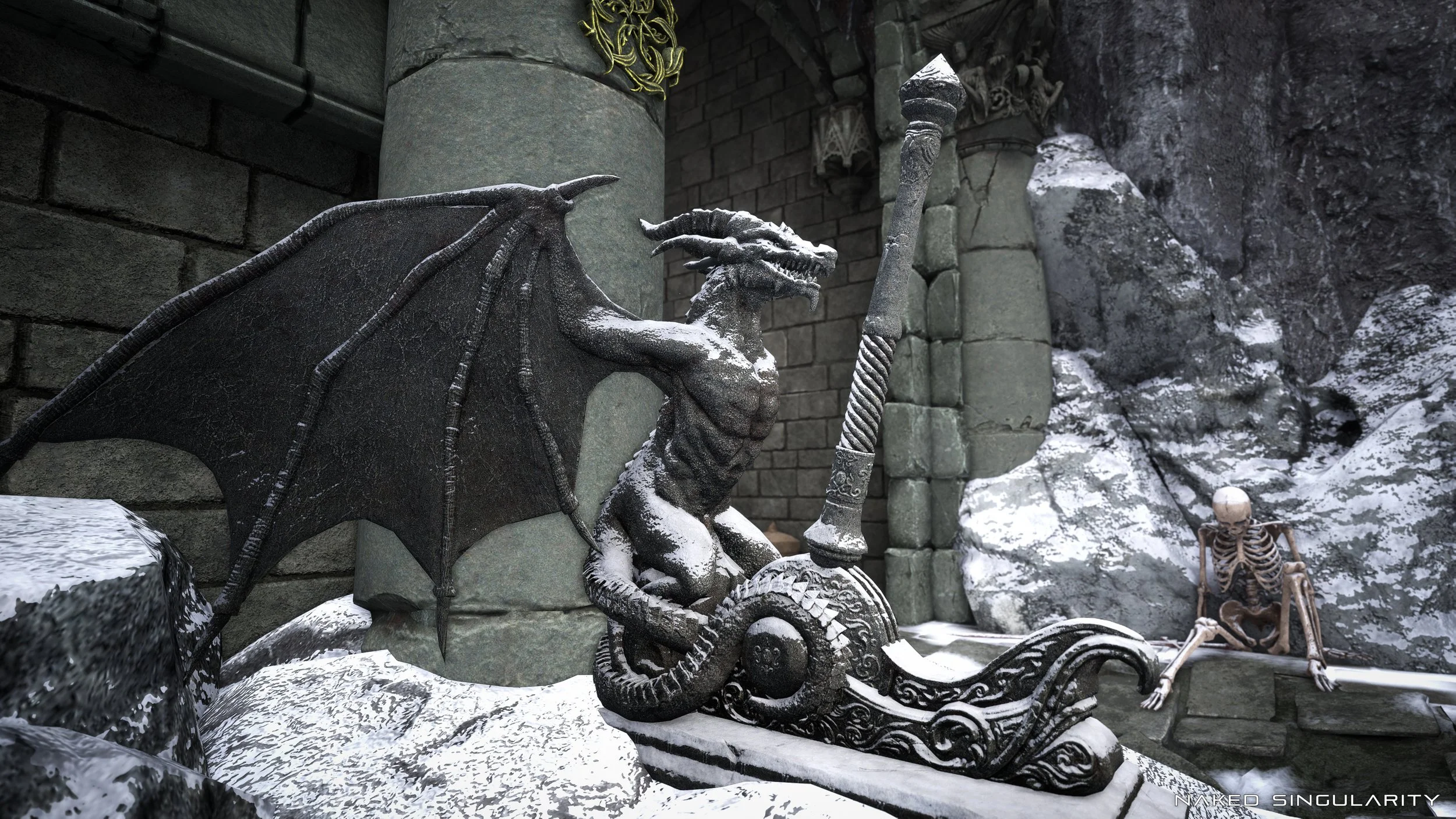 A detailed sculpture of a dragon with wings, sitting on a decorative base, next to a large staff, in a snowy, medieval castle-like setting with stone walls and rocks. A skeleton is sitting against the rocks in the background.