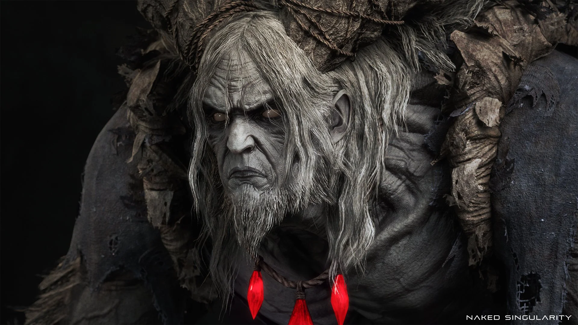 Close-up of a fantasy creature with pale skin and long gray hair, wearing tattered dark clothing with red gem accents, set against a dark background.