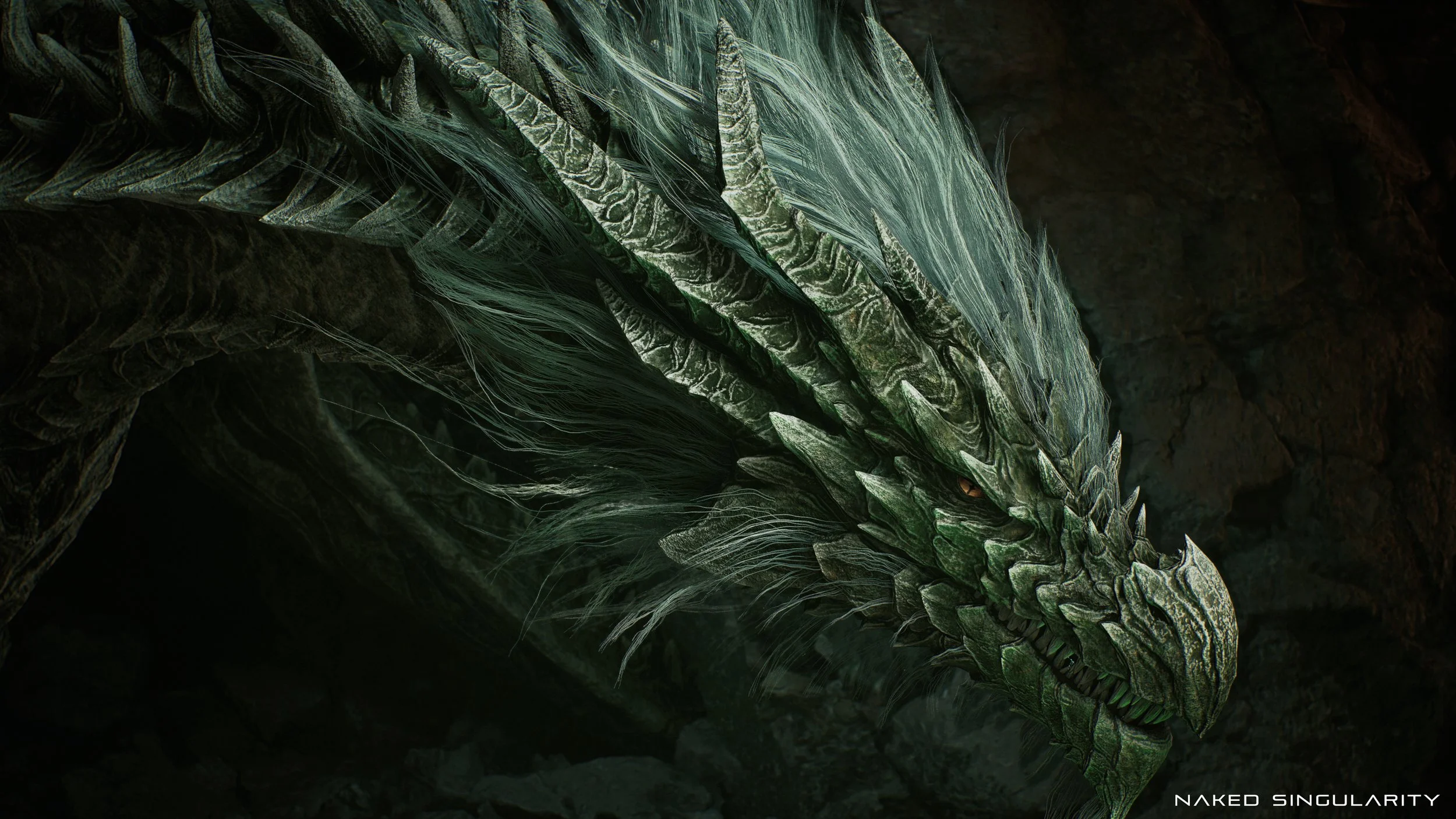 Close-up of a green, intricately scaled dragon's face with orange eyes, dark background, from the movie 'Naked Singularity'.