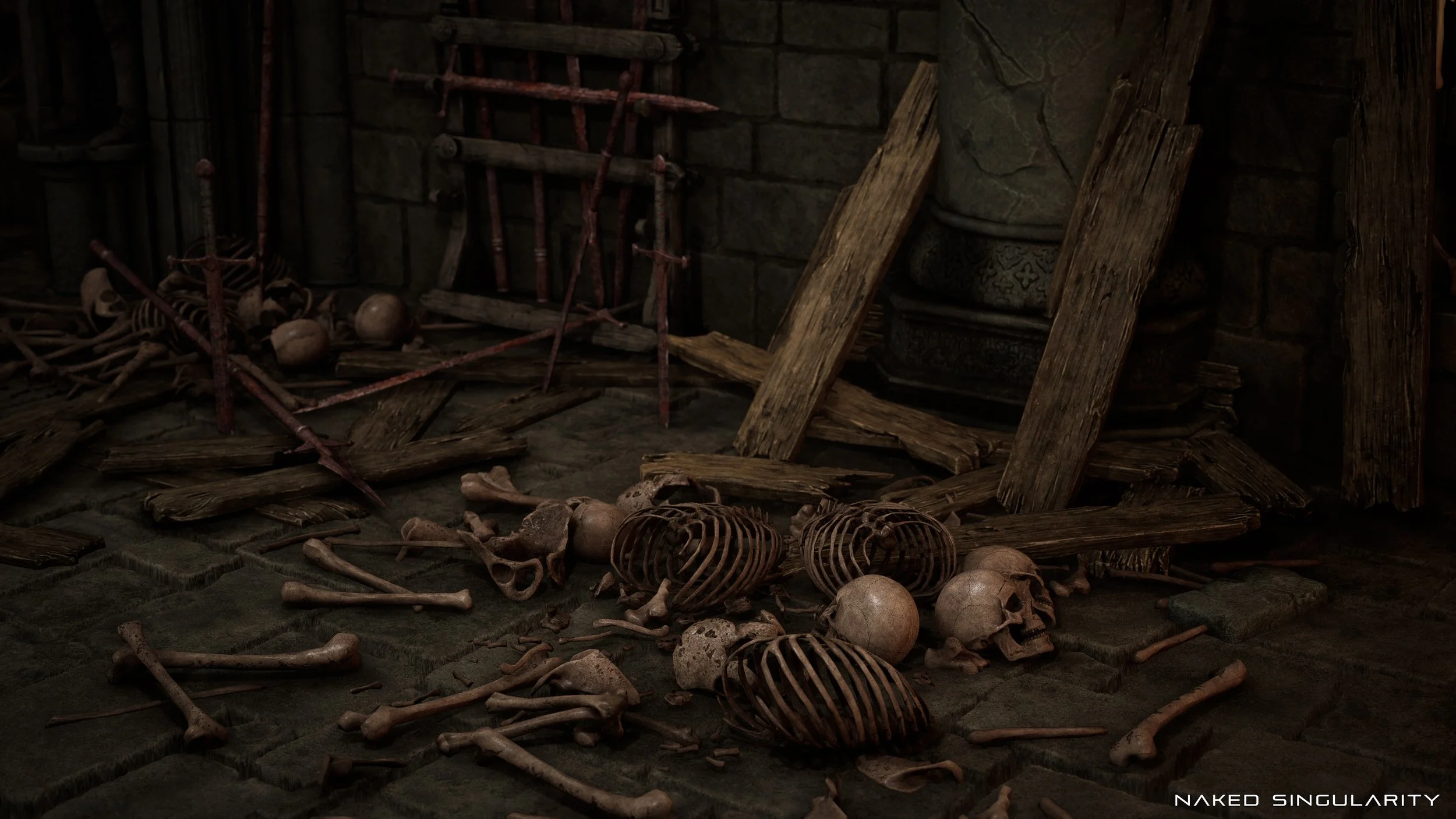 A scene depicting a medieval or archaeological setting with scattered bones, skulls, ribs, and femurs on a stone floor, surrounded by broken wooden planks, old weapons, and a large barrel. The environment is dark and ancient, with a brick wall in the