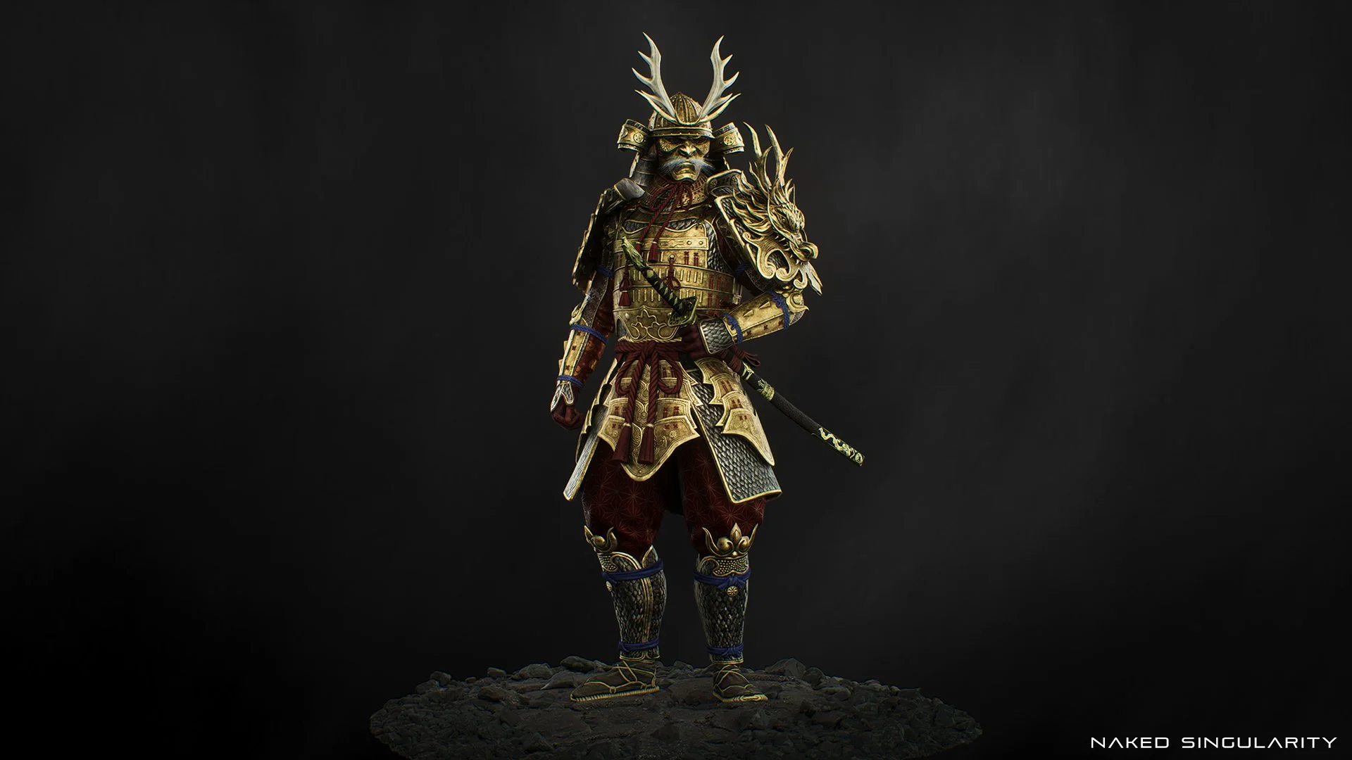 A highly detailed, gold and red samurai armor with a helmet featuring antler-like ornaments, standing on a rocky platform against a dark background.