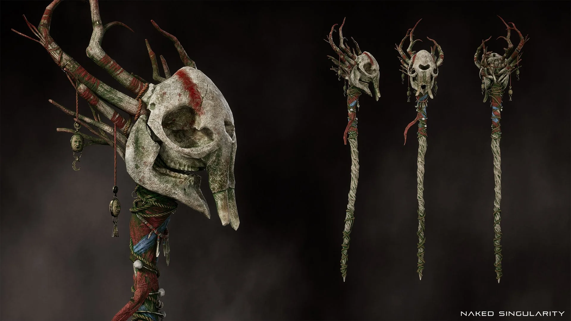 A dark, menacing, ritualistic staff topped with a large animal skull and twisted branches, decorated with bones, beads, and fabric strips. Three similar staffs are shown in the background. The text 'NAKED SINGULARITY' appears in the bottom right corn