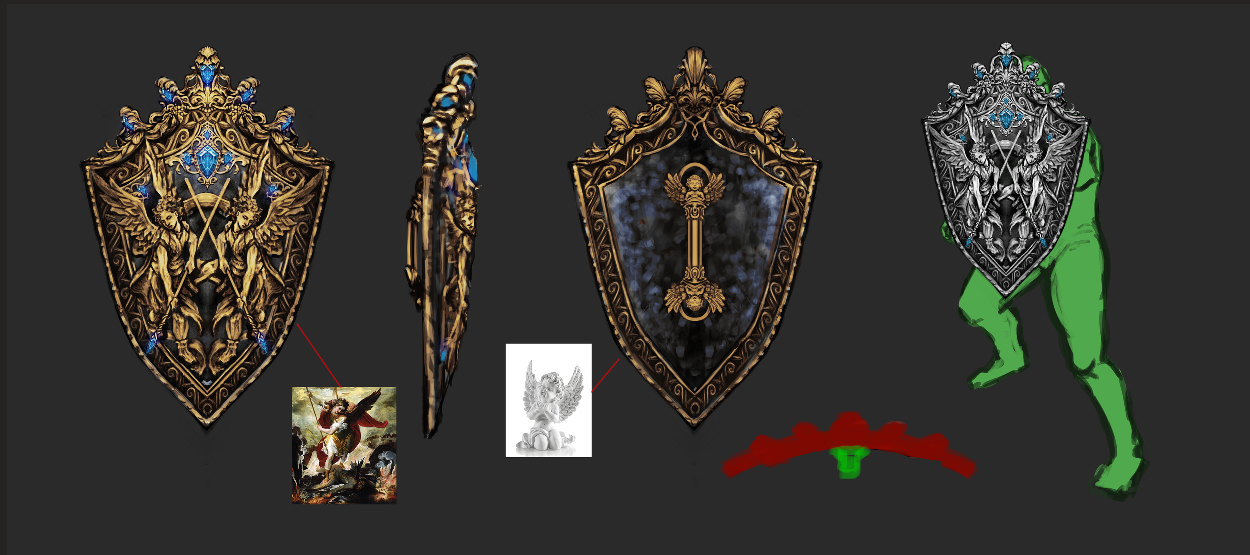 Four ornate shields with angelic and mythological designs, two with gold detailing and two with silver, displayed side by side against a black background. The first shield from the left features two golden angels holding swords, with a small image of