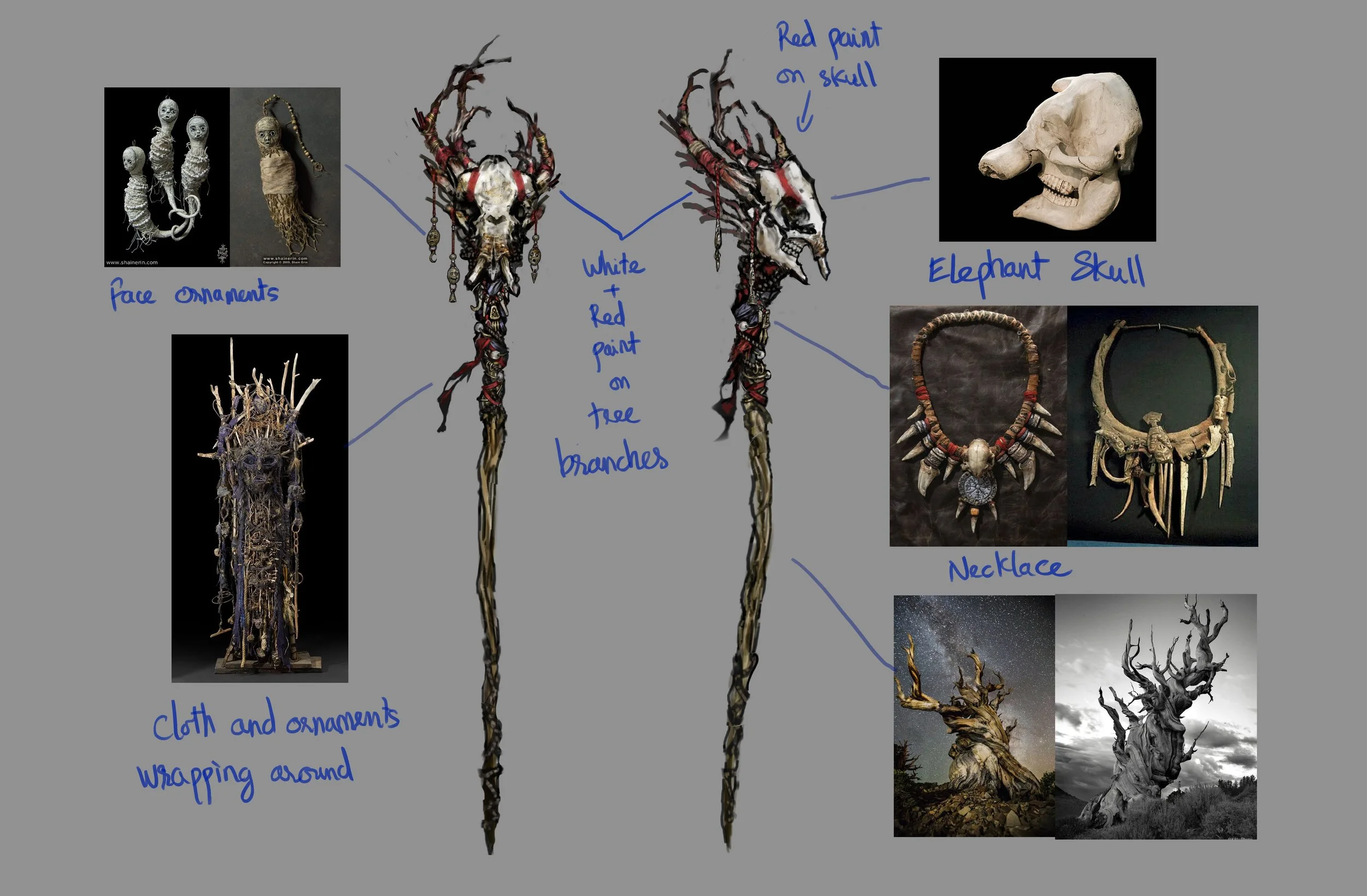 A digital art design of a staff decorated with tribal and ritual elements, featuring face ornaments, cloth and ornaments wrapping around, a tree with white and red paint on branches, an elephant skull, a necklace with teeth and a skull, and a twisted