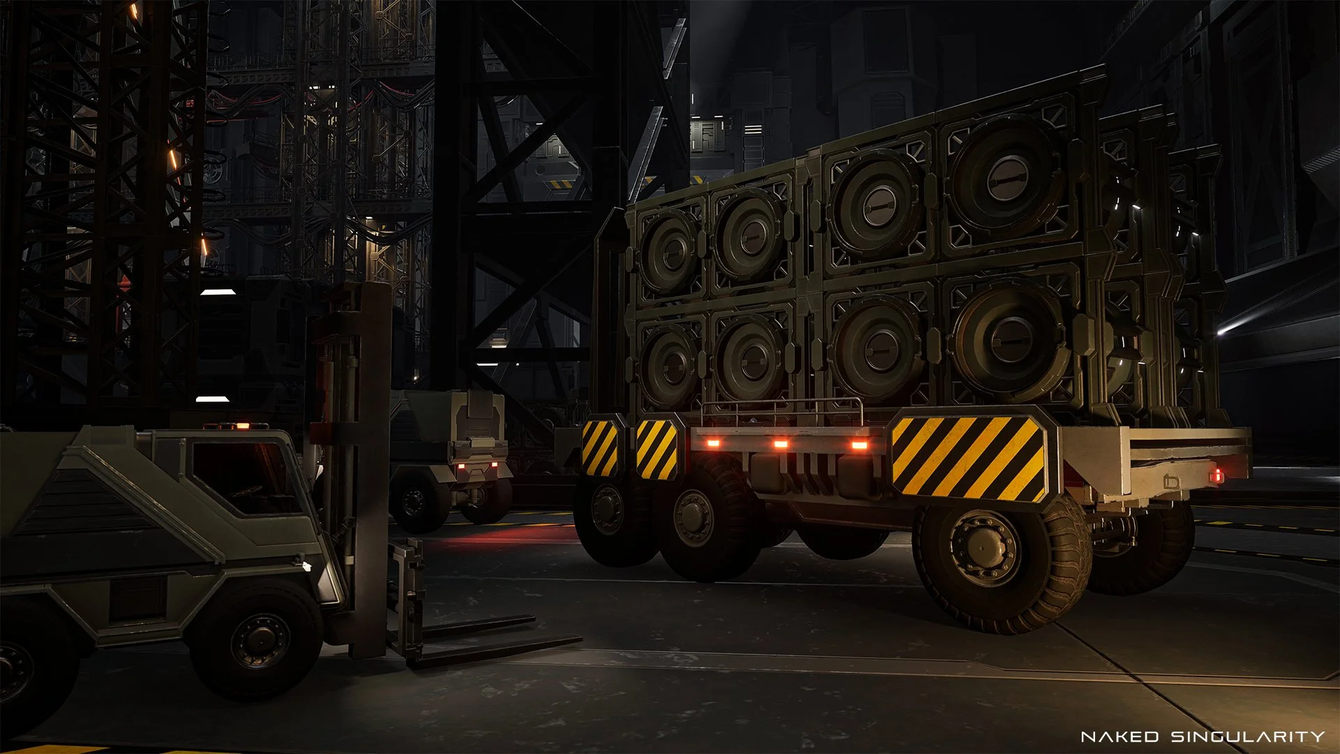 Large futuristic cargo vehicle with multiple speakers or large equipment units on a trailer, in a high-tech industrial setting with dark, metallic structures, and a forklift nearby.