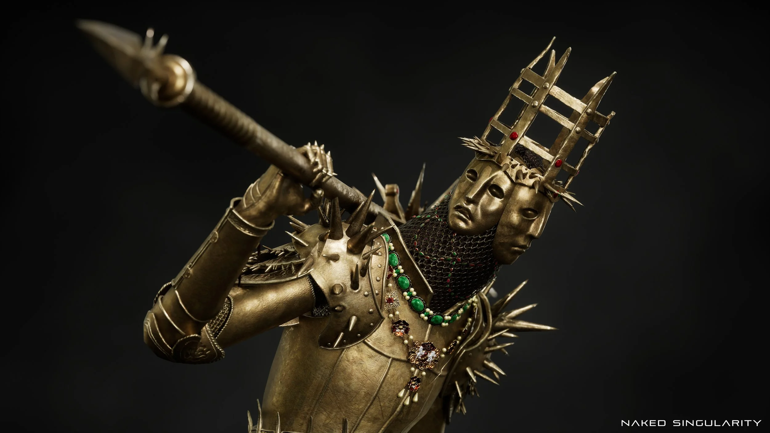 A gold-colored sculpture of a warrior with multiple faces, wearing a crown and armor with spikes, holding a spear, against a black background.