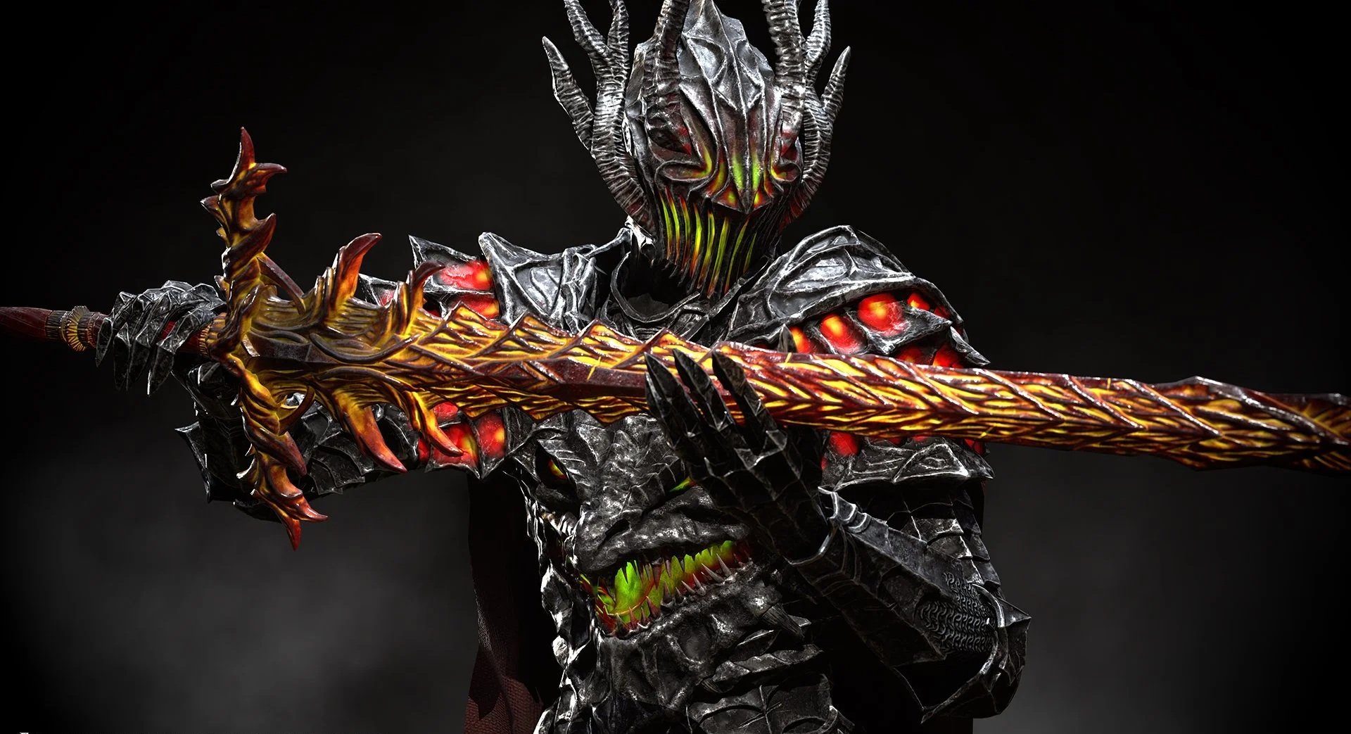 A fantasy character wearing black armor with green and red glowing accents, wielding a fiery, decorated sword with a dragon or demon head design, set against a dark background.
