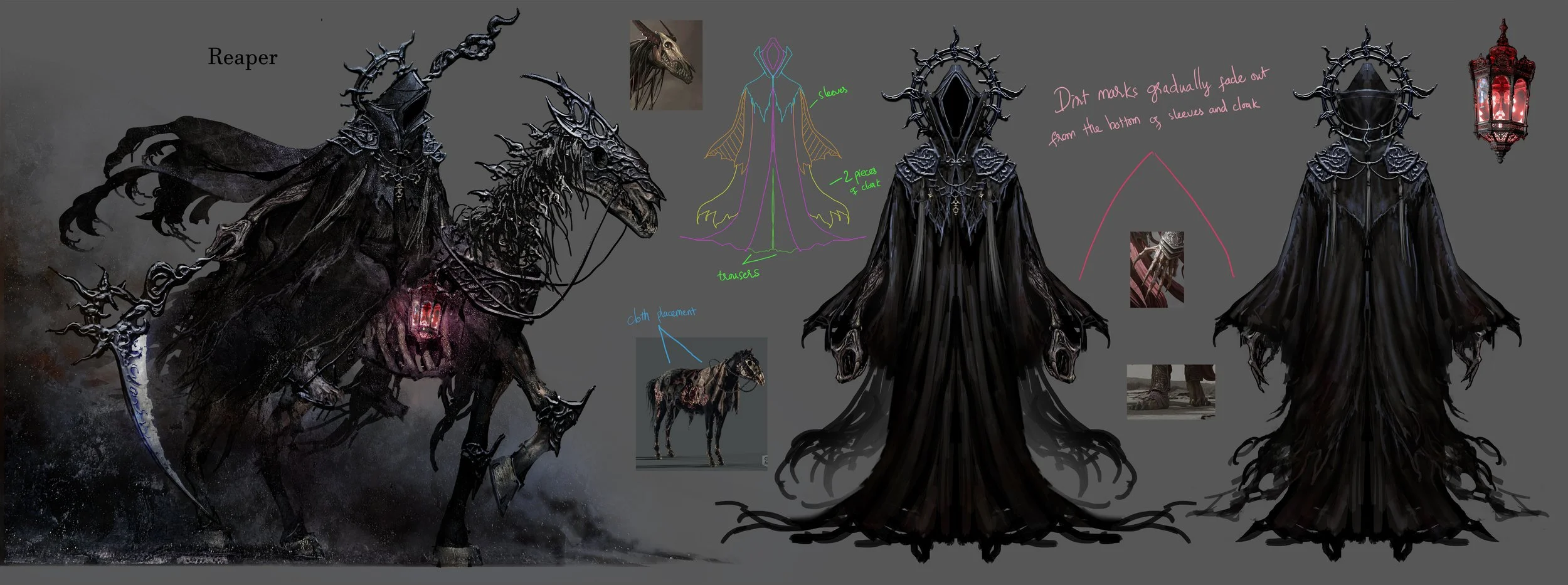 A detailed concept art of a dark, ominous character named Reaper, featuring a skeletal horse and a long flowing cloak. The image includes sketches, notes, and design elements such as a horse's cloth, cape details, and a hanging lantern, with annotati