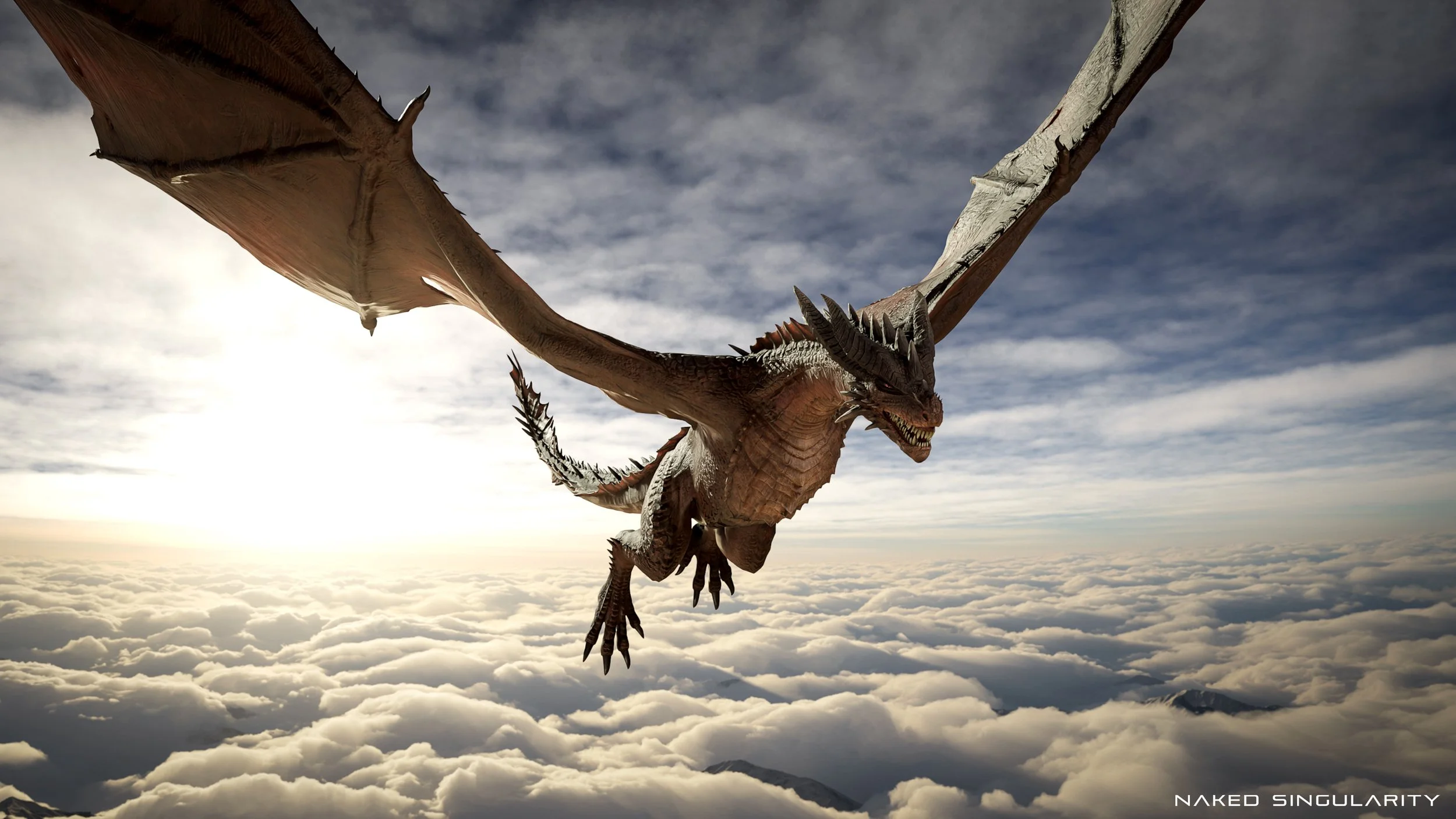 A large, detailed dragon flying in a cloudy sky during sunset, with mountains visible in the distance.