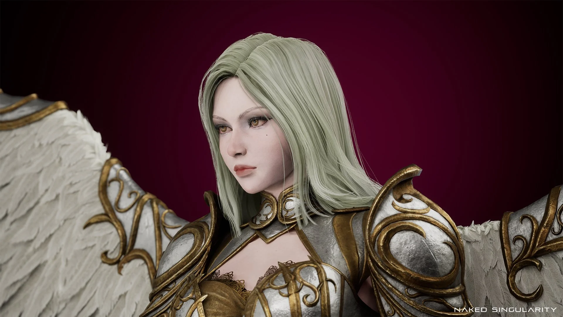 A woman with blonde hair dressed in ornate armor with white wings.