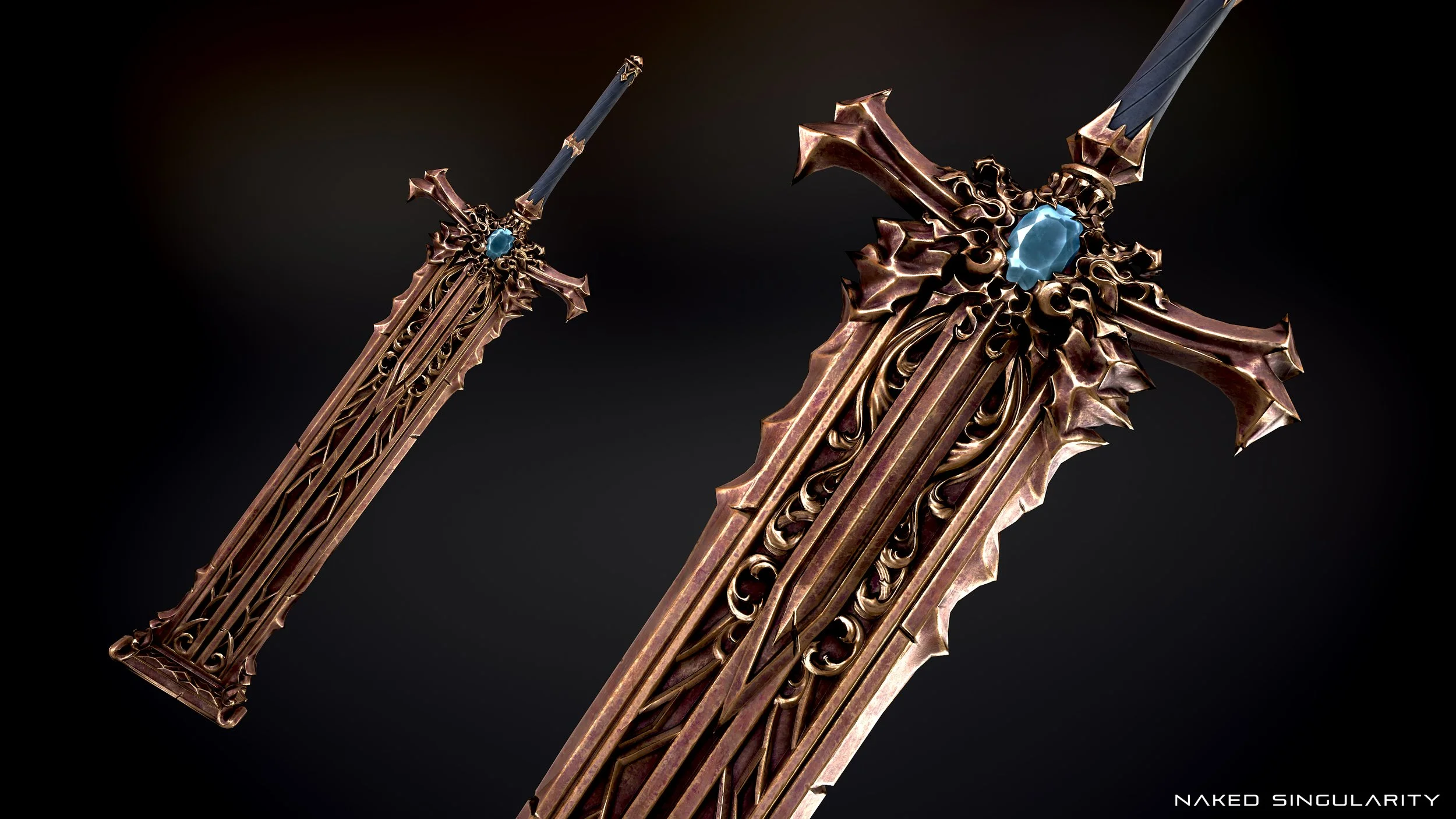 A detailed double-edged sword with a decorative gold and bronze hilt, featuring a blue gemstone in the center, set against a dark background.