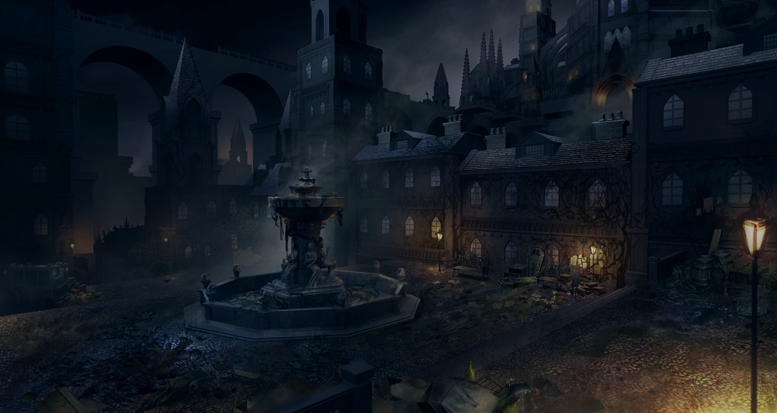 A dark, abandoned city square with a fountain in the center, lit by a few street lamps, surrounded by old Gothic-style buildings under a cloudy night sky.