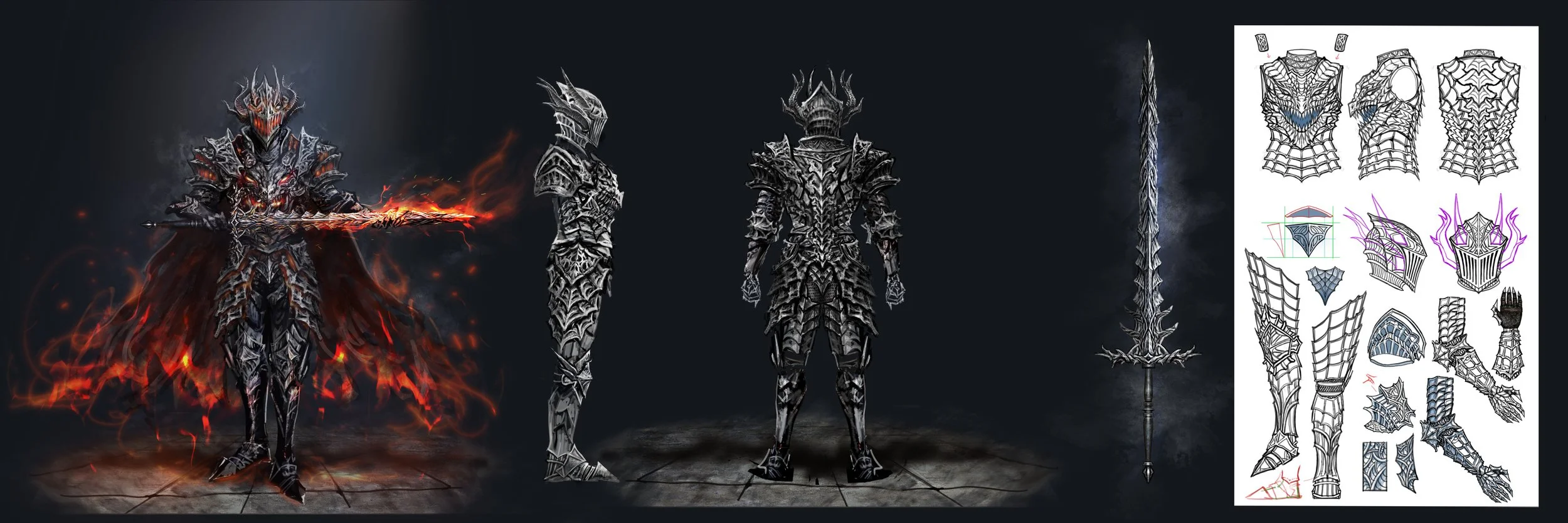 Digital concept art of a fantasy armored warrior with a fiery weapon, showing front, side, and back views, along with a detailed design sheet of the armor and weapon.