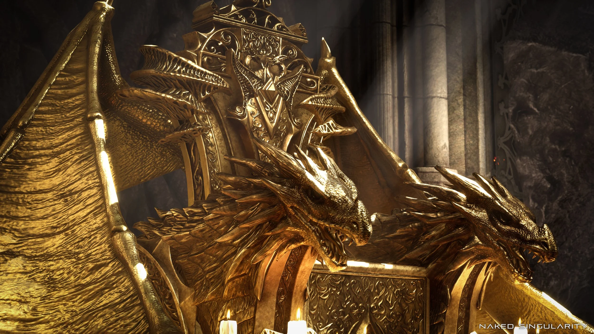 A golden throne with intricate carvings, featuring two heads of dragons with open mouths and sharp teeth, set against a dark stone background. Candles are lit in front of the throne.