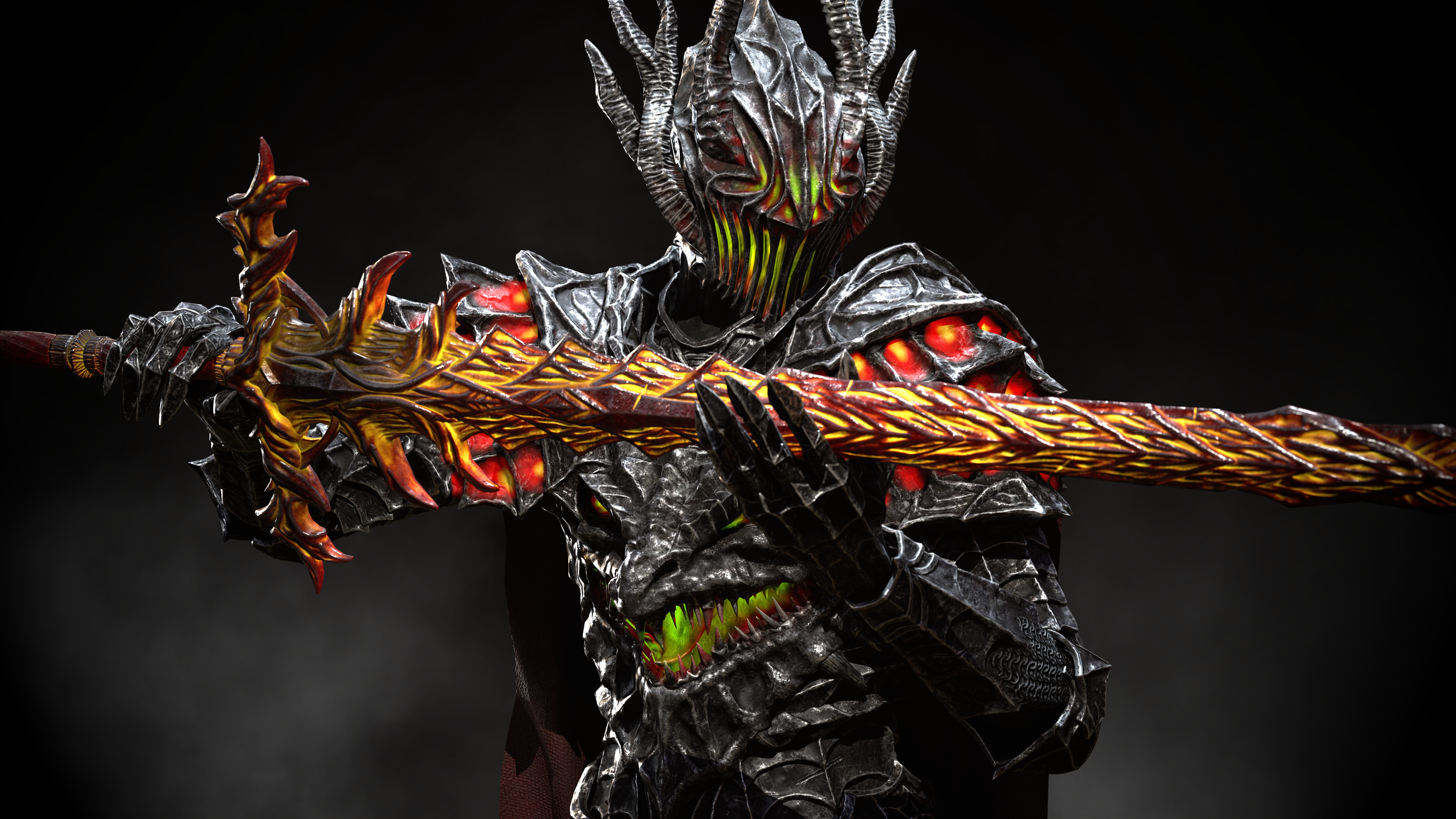 A dark, armored warrior in a fantasy style, wielding a fiery, intricately detailed sword, with glowing red and green accents, set against a black background.