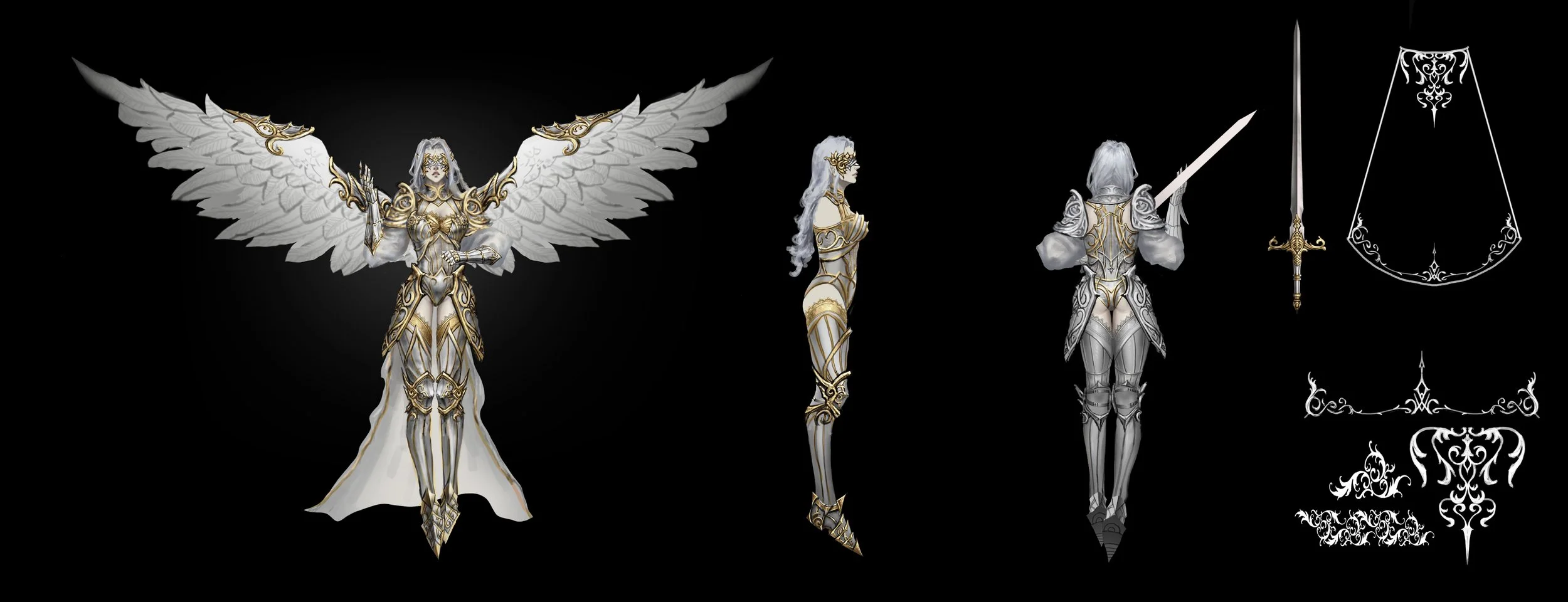 Fantasy female angel warrior with large white wings, wearing ornate armor with gold accents, holding a sword, with a side view of her detailed costume, and weapons including a sword, a dagger, and decorative elements on the right side.