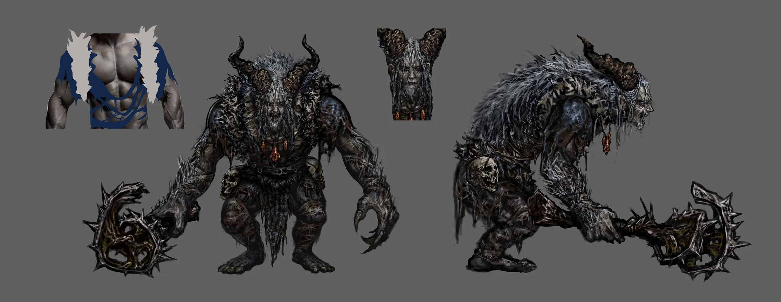 Concept art of a monstrous humanoid creature with horns, claws, and wearing a skull necklace, holding a spiked weapon, shown from multiple angles.