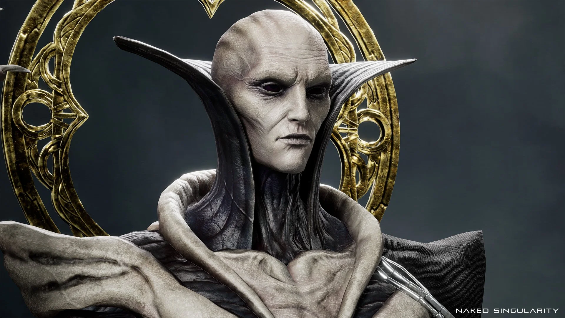 A fantastical creature with a pale face, elongated ears, and a dark robe standing in front of a golden ornate backdrop, looking serious.