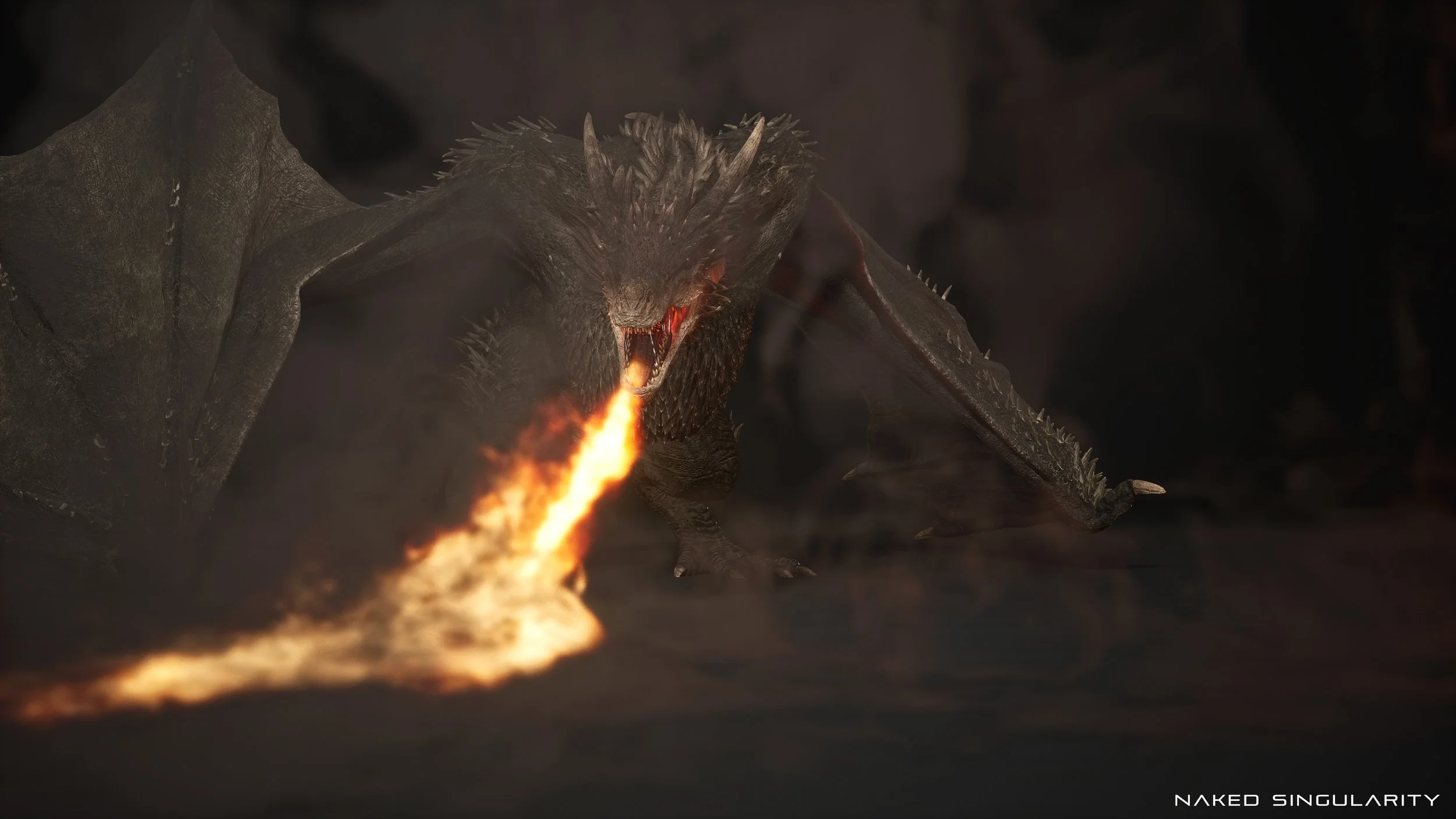 A dragon breathing fire in a dark, smoky environment.